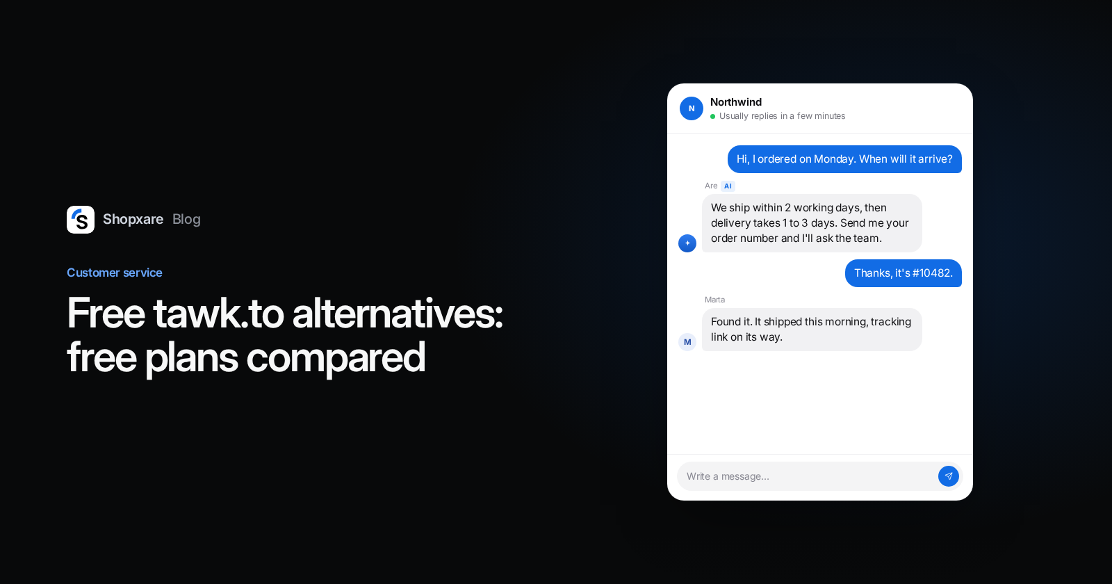 Shopxare cover: title "Free tawk.to alternatives: free plans compared" next to the Messenger, where Are AI answers a delivery question and a teammate follows up