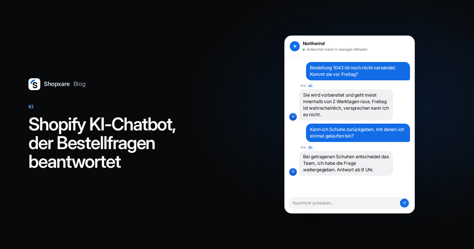 Titelbild: „Shopify KI-Chatbot, der Bestellfragen beantwortet" neben einem Website-Chat, in dem eine KI eine Bestell- und eine Rückgabefrage beantwortet