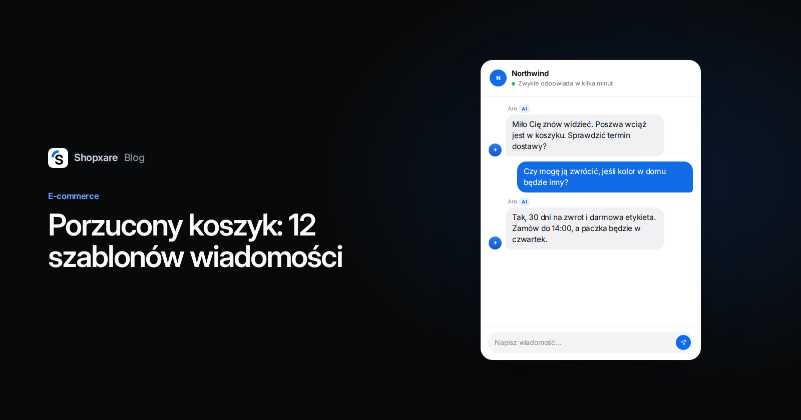 Okładka: szablony wiadomości o porzuconym koszyku, z czatem, w którym klientka pyta o zwrot przed zamówieniem