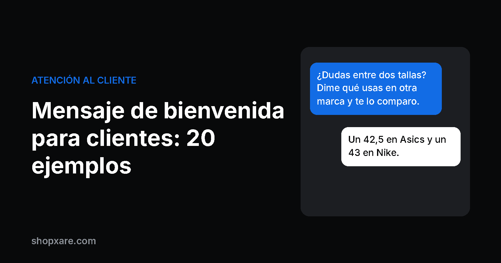 Portada: título "Mensaje de bienvenida para clientes: 20 ejemplos" junto a un chat en el que una tienda ayuda a un visitante a elegir talla.