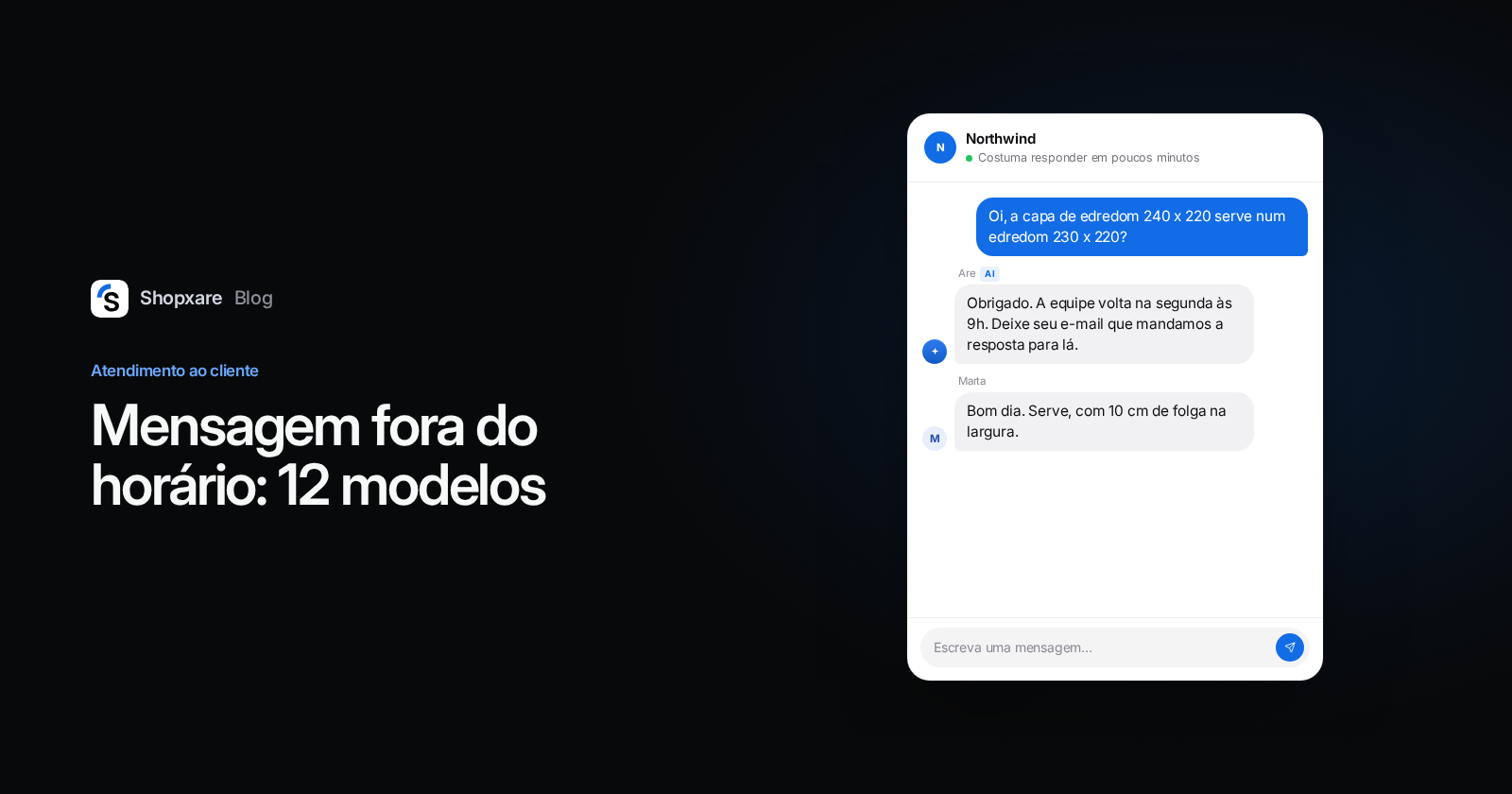 Capa: "Mensagem fora do horário" com um Messenger mostrando uma pergunta à noite, a resposta automática com segunda às 9h e a resposta da equipe