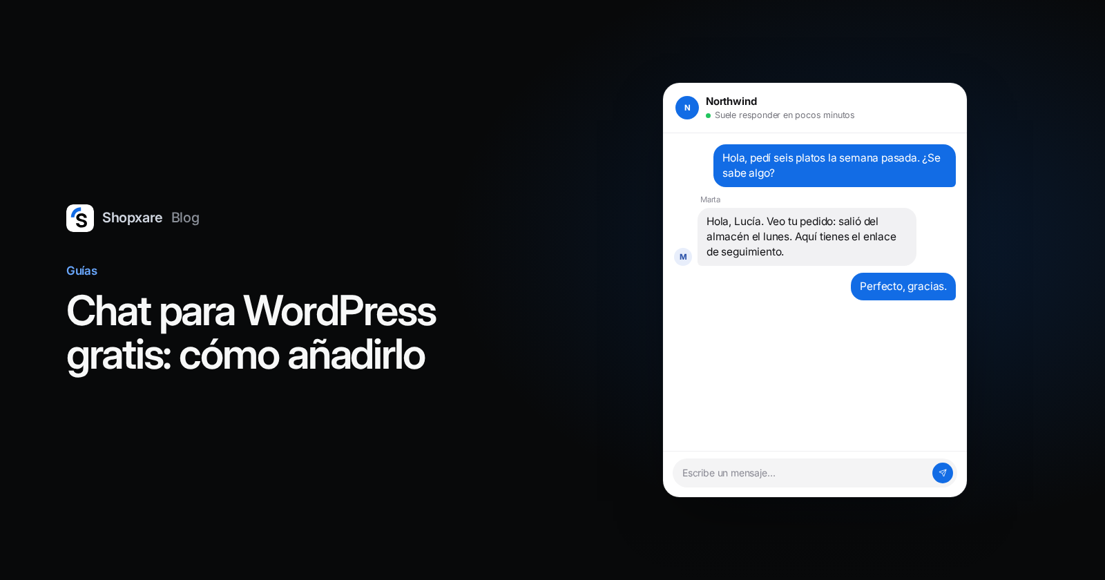 Portada: Chat para WordPress gratis, con una ventana de chat donde una clienta pregunta por su pedido y una agente responde
