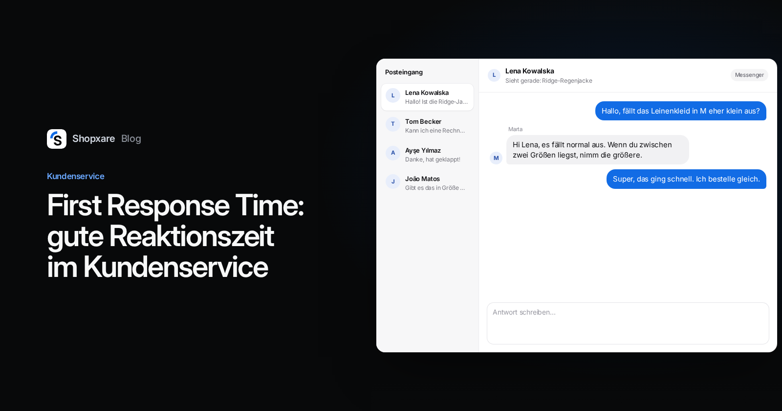 Cover: Titel „First Response Time: gute Reaktionszeit im Kundenservice“ neben dem Shopxare-Posteingang, in dem eine Größenfrage in Sekunden beantwortet wird