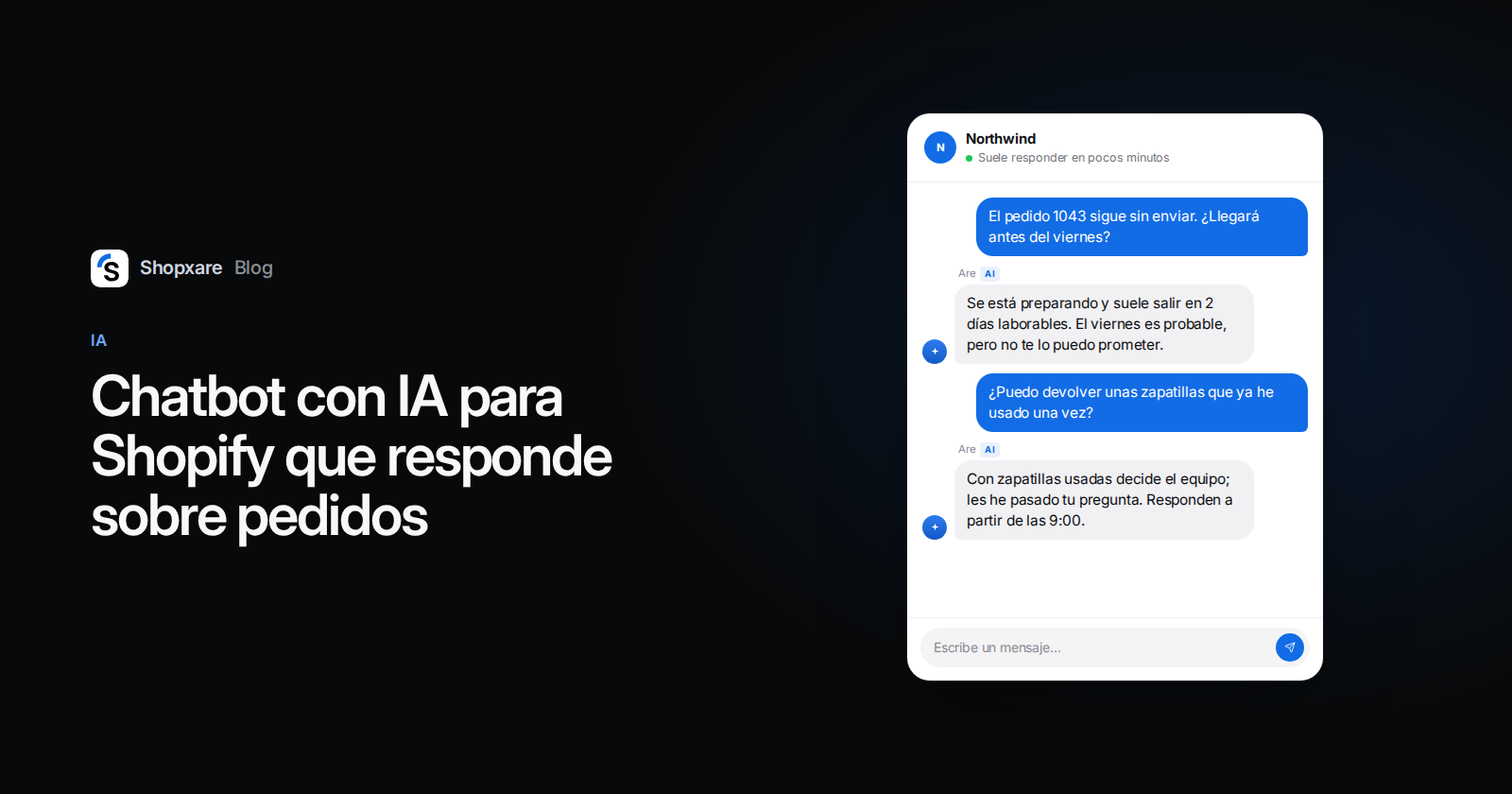 Portada: "Chatbot con IA para Shopify que responde sobre pedidos" junto a un chat web en el que una IA responde sobre el estado de un pedido y una devolución