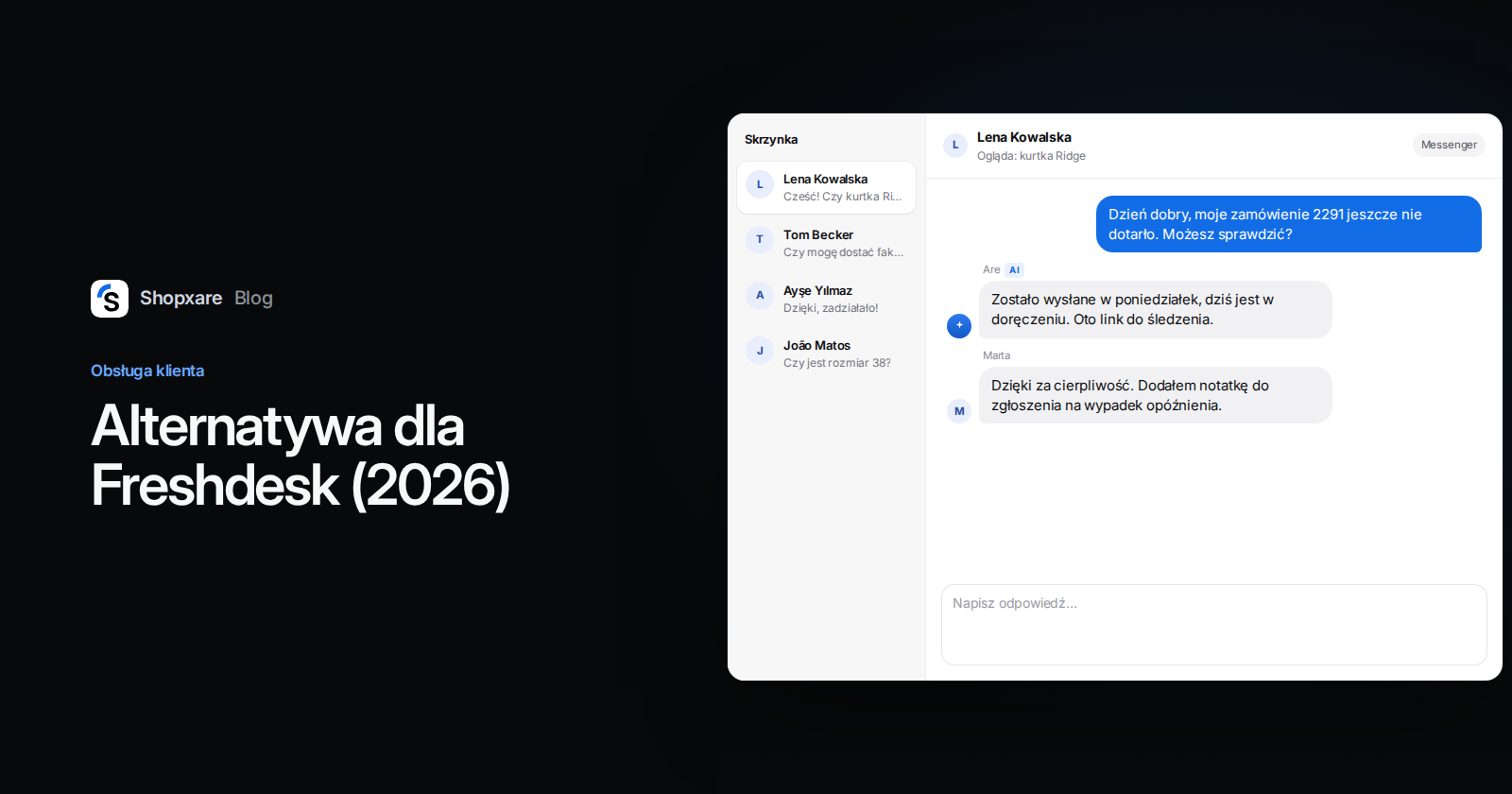Okładka: „Alternatywa dla Freshdesk (2026)” obok wspólnej skrzynki, w której AI i konsultant odpowiadają na pytanie o zamówienie