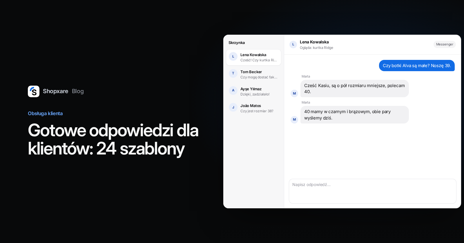 Okładka: tytuł „Gotowe odpowiedzi dla klientów" obok wspólnej skrzynki, w której konsultantka odpowiada na pytanie o rozmiar zapisaną odpowiedzią