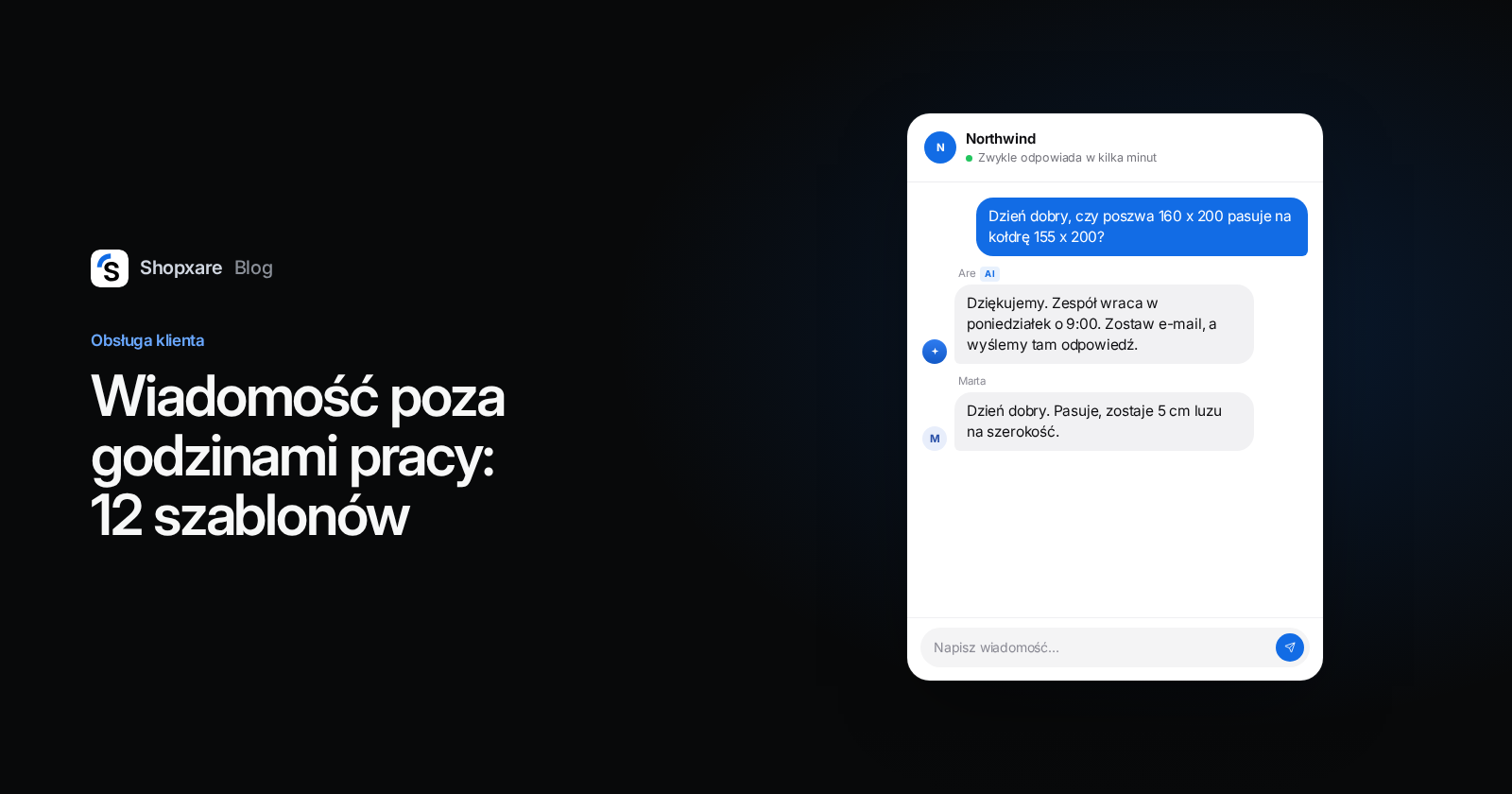 Okładka: "Wiadomość poza godzinami pracy" z Messengerem pokazującym wieczorne pytanie, automatyczną odpowiedź z poniedziałkiem 9:00 i odpowiedź zespołu