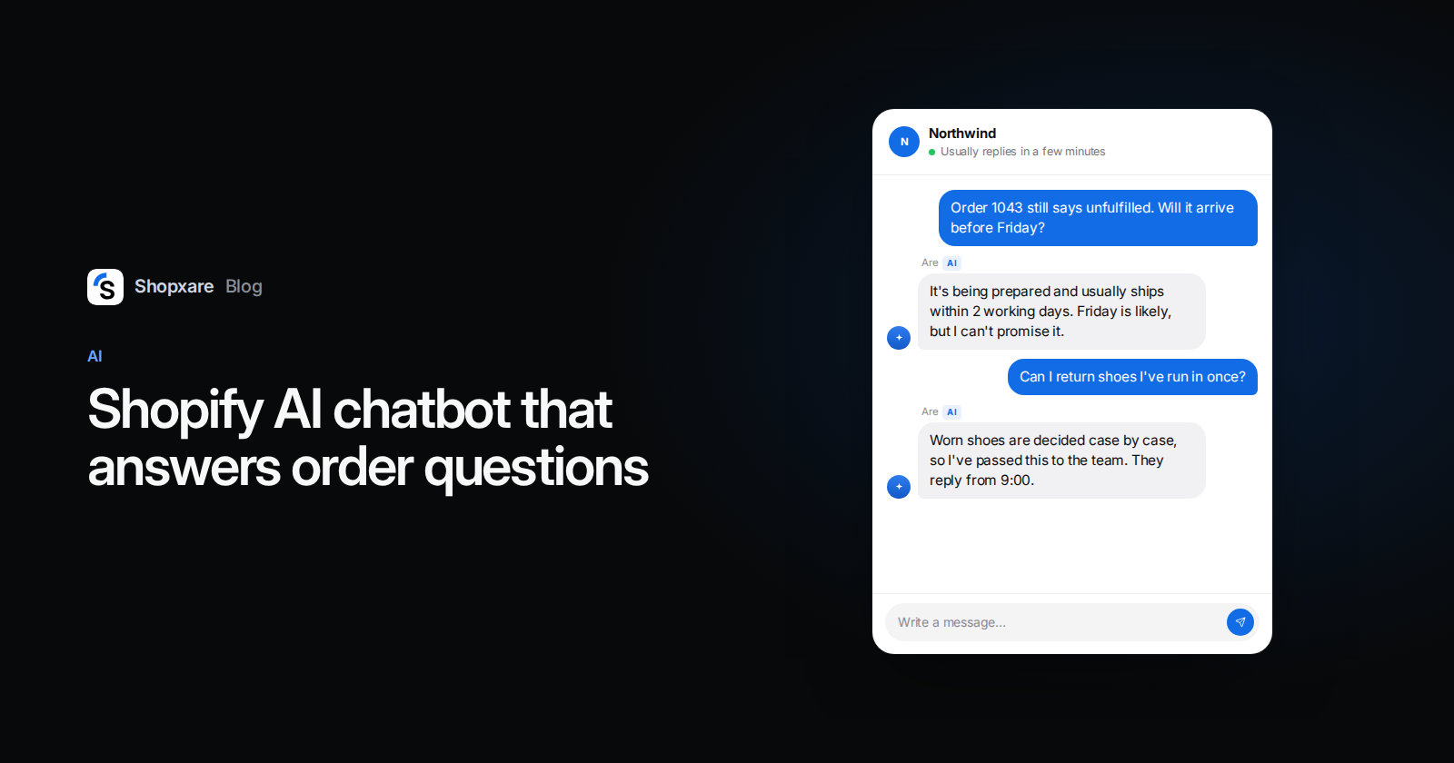 Cover: "Shopify AI chatbot that answers order questions" next to a website chat where an AI answers an order status and a return question