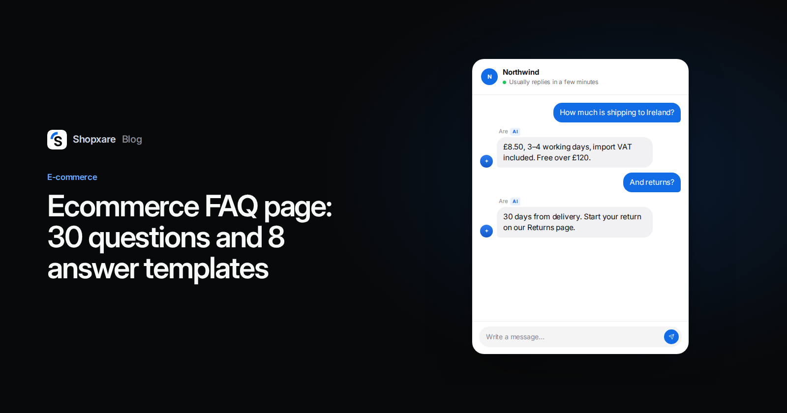 Shopxare cover: title "Ecommerce FAQ page" next to a website chat where Are AI answers shipping and returns questions
