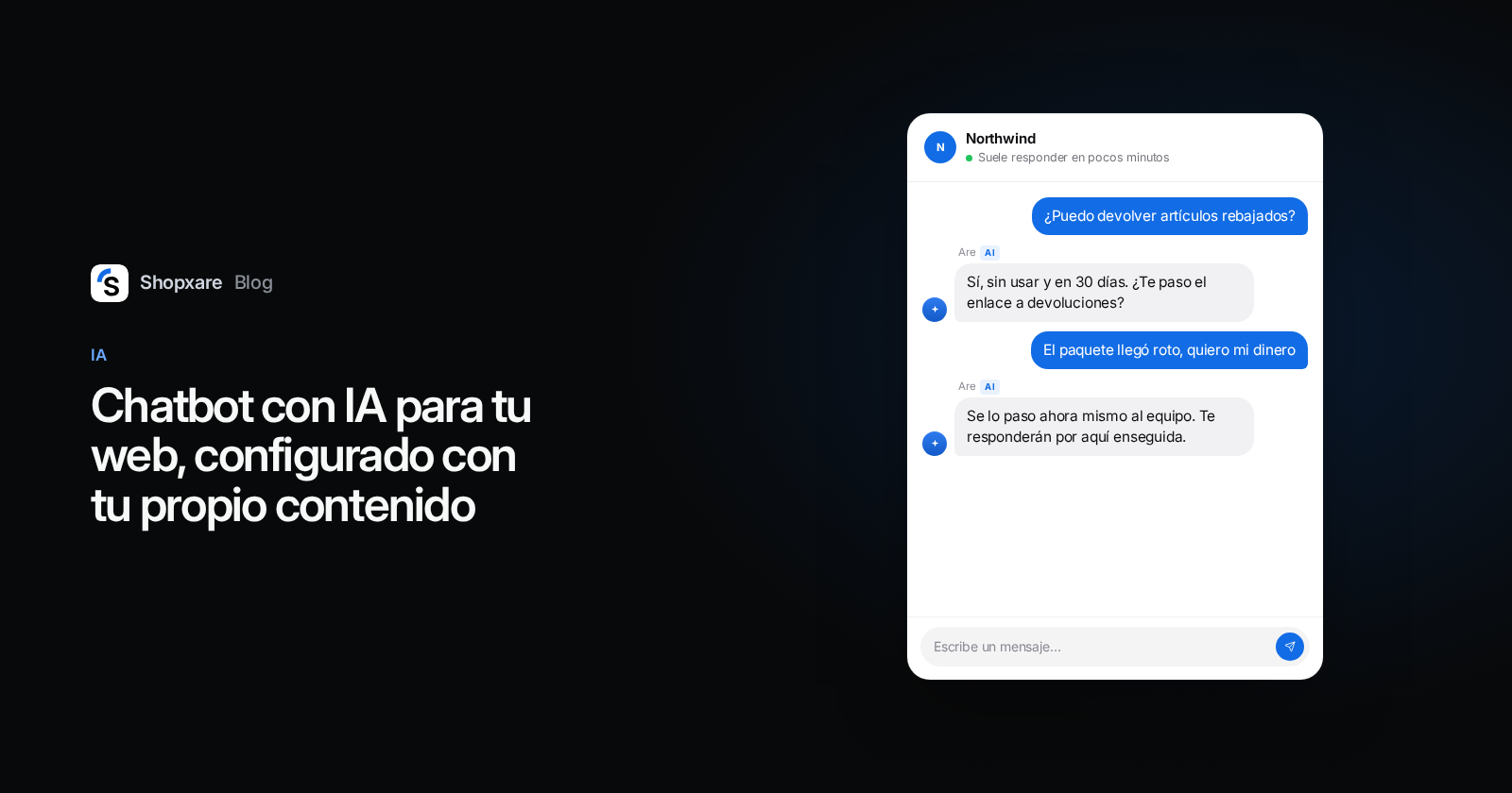 Portada: el título "Chatbot con IA para tu web" junto a un chat web en el que la IA responde una duda de devoluciones y pasa un reembolso por producto roto al equipo
