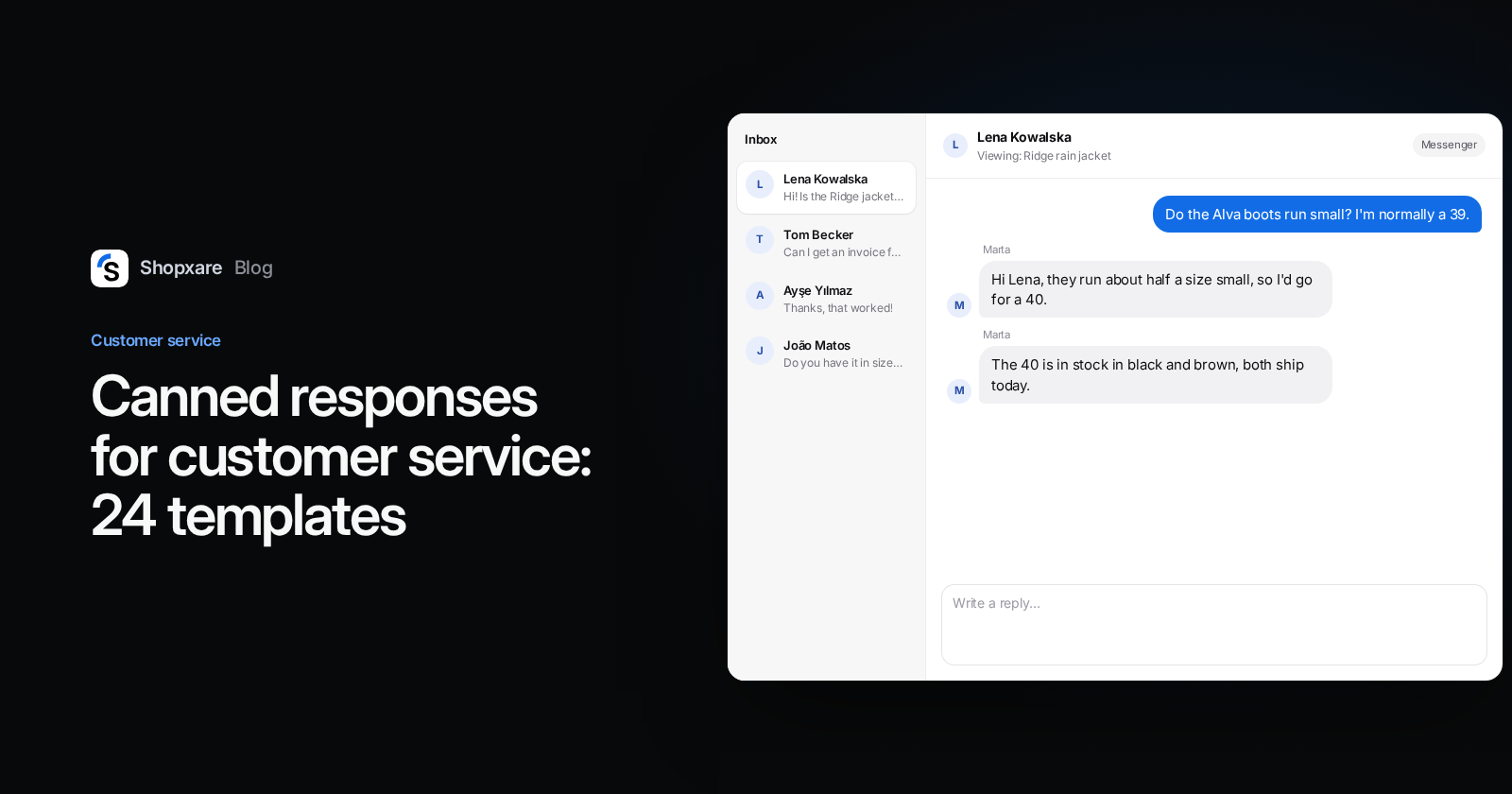 Cover: title "Canned responses for customer service" next to a team inbox where an agent answers a sizing question with an edited saved reply