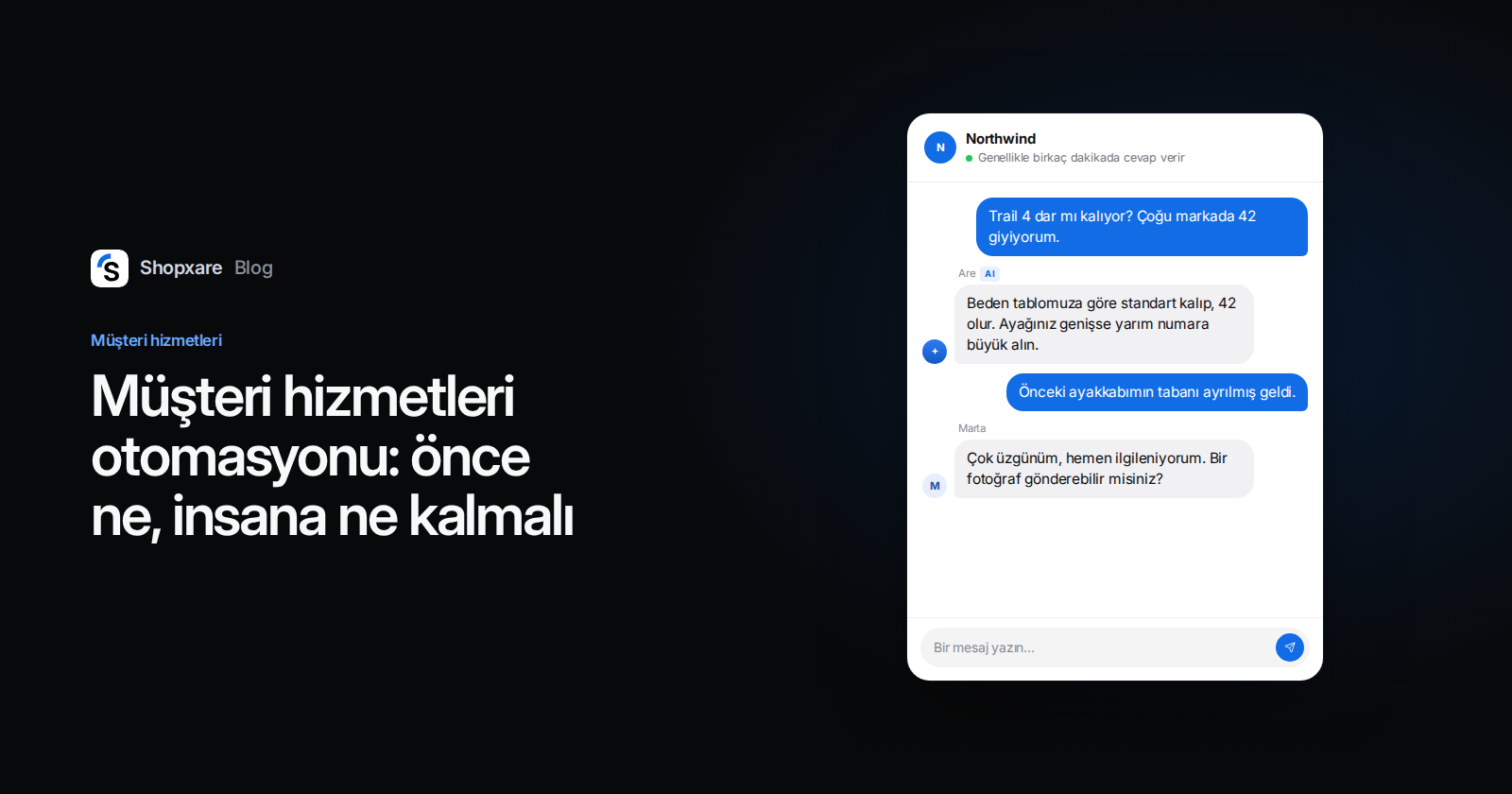 Kapak: müşteri hizmetleri otomasyonu başlığı; yapay zekânın beden sorusunu cevapladığı, hasarlı ürün şikâyetini ise bir ekip arkadaşının devraldığı Messenger sohbeti