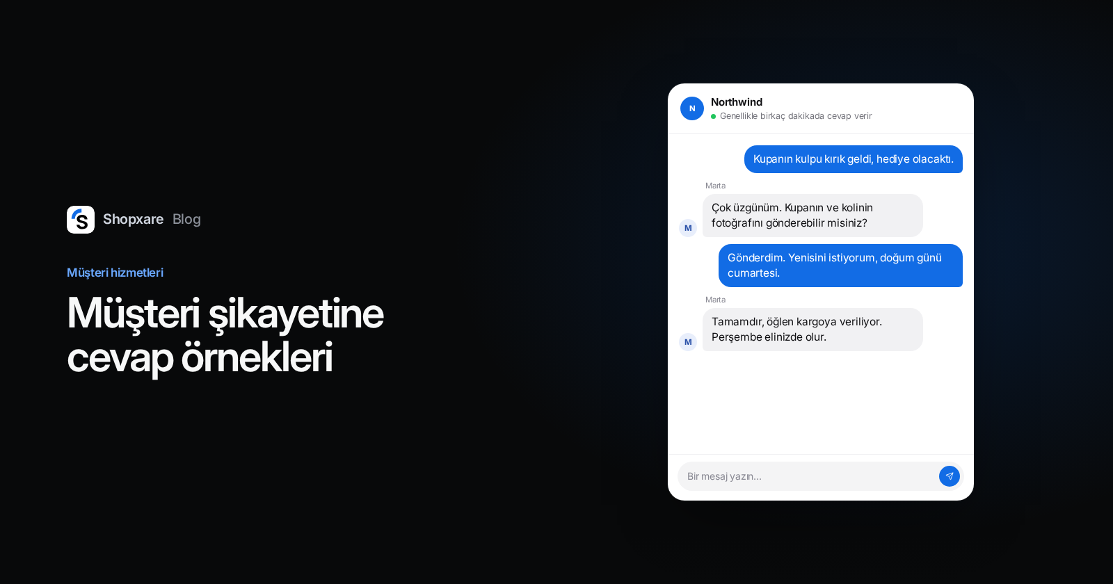 Kapak: "Müşteri şikayetine cevap örnekleri" başlığı ve kırık bir kupa için mağazanın tarih vererek değişim sunduğu sohbet