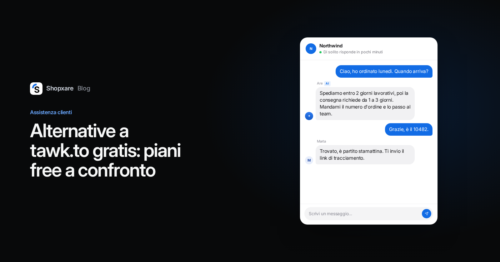 Copertina Shopxare: titolo "Alternative a tawk.to gratis" accanto al Messenger, dove Are AI risponde a una domanda sulla spedizione e un'operatrice prosegue