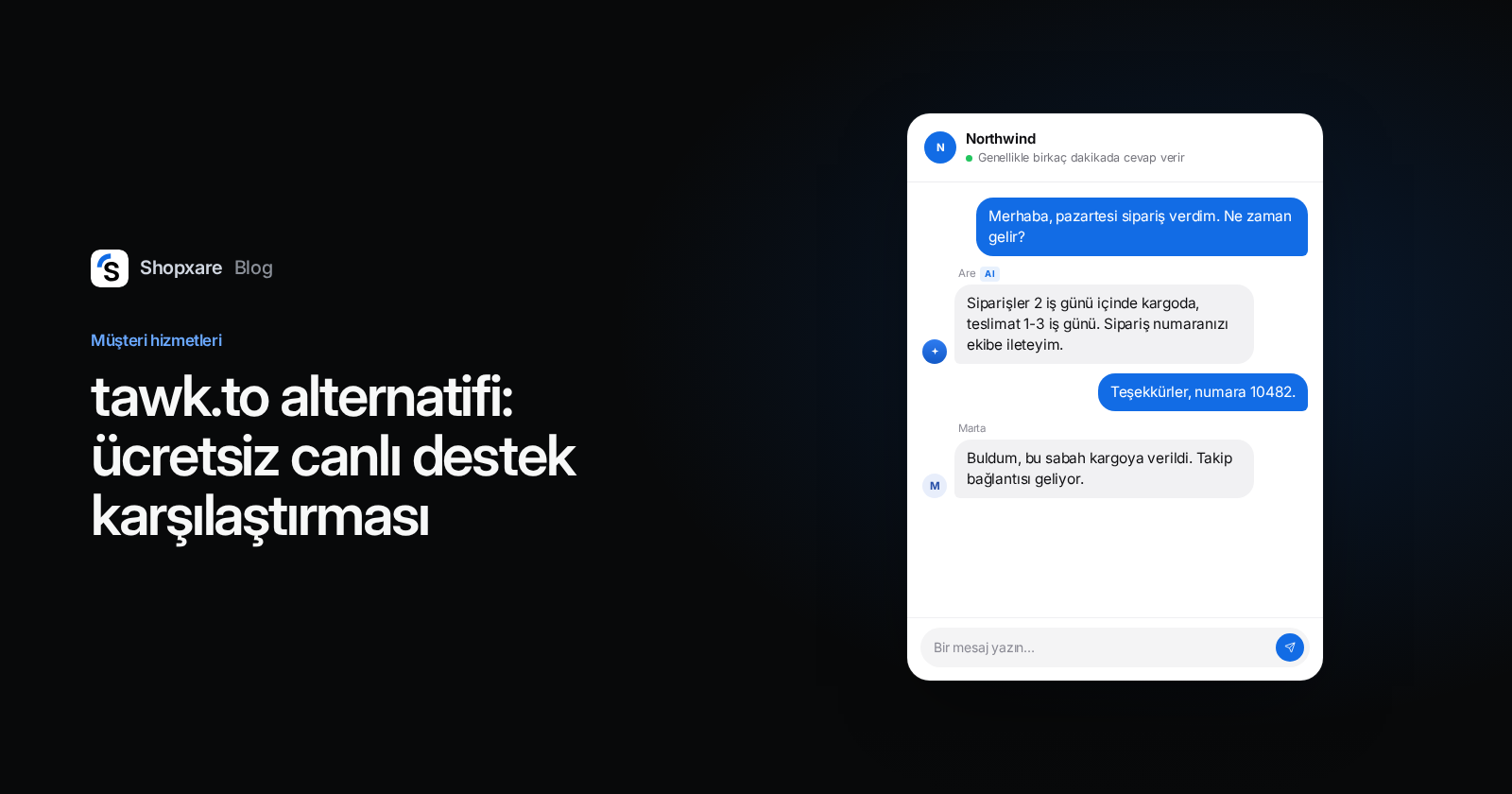 Shopxare kapağı: "tawk.to alternatifi" başlığının yanında Messenger; Are AI kargo sorusunu yanıtlıyor, ardından bir temsilci devralıyor