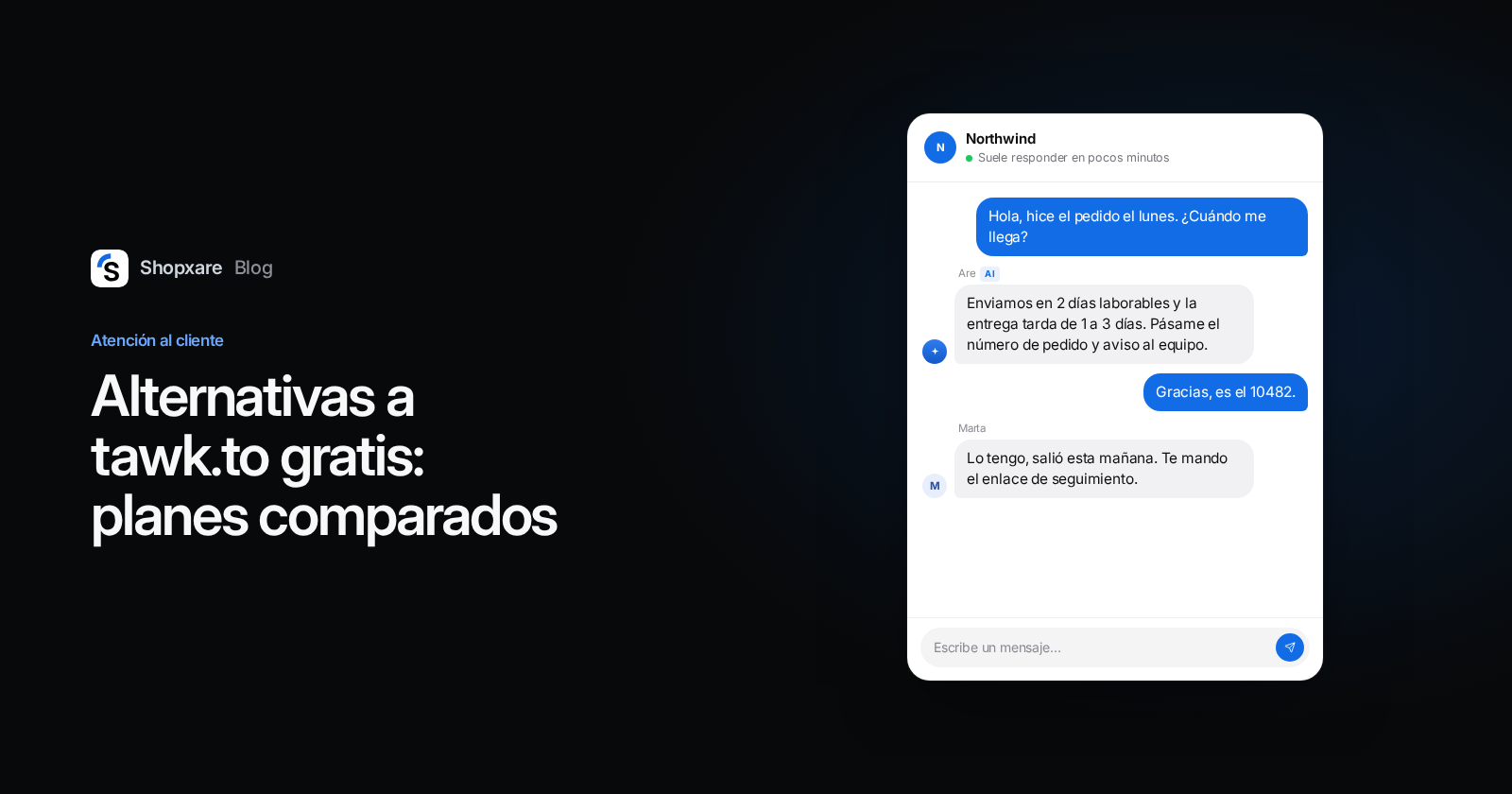 Portada de Shopxare: título "Alternativas a tawk.to gratis" junto al Messenger, donde Are AI responde una pregunta de envío y una agente continúa