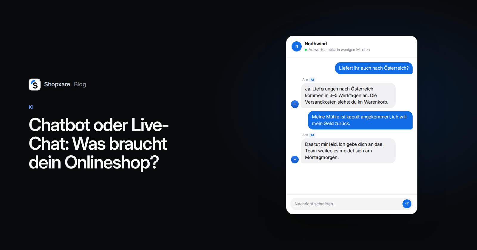 Rechts der Shopxare Messenger: Ein KI-Agent beantwortet eine Versandfrage und übergibt eine Erstattungsanfrage ans Team. Links der Titel: Chatbot oder Live-Chat.