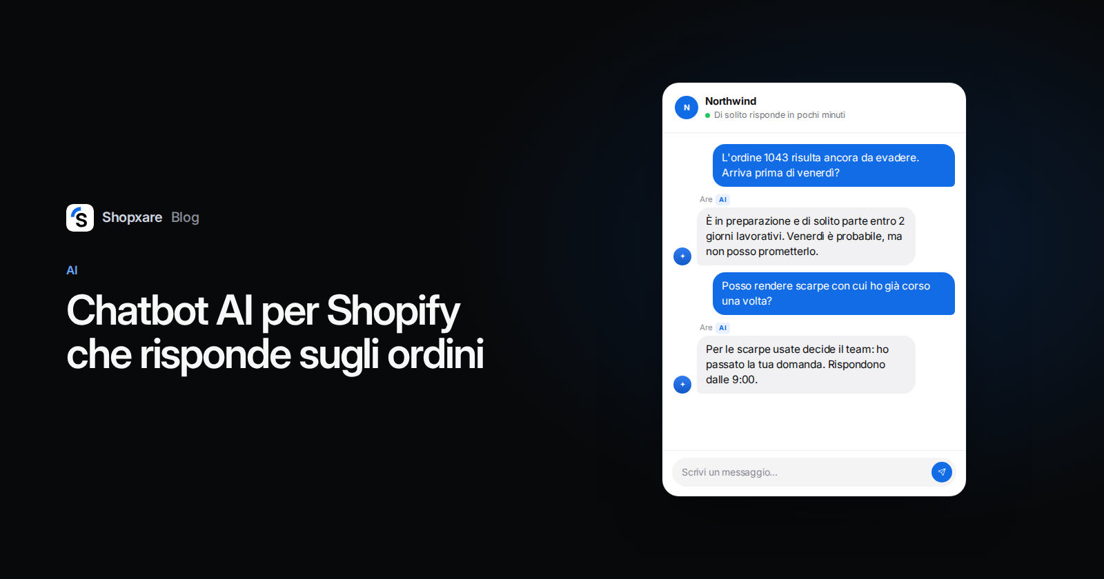 Copertina: "Chatbot AI per Shopify che risponde sugli ordini" accanto a una chat del sito in cui un'AI risponde sullo stato di un ordine e su un reso