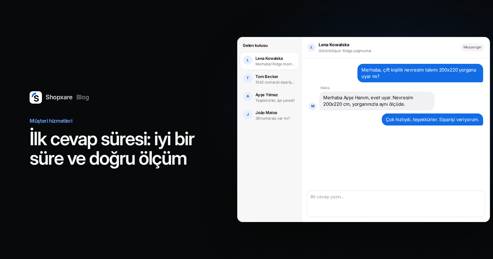 Kapak: "İlk cevap süresi: iyi bir süre ve doğru ölçüm" başlığı ve Shopxare gelen kutusunda bir ekip arkadaşının ölçü sorusuna saniyeler içinde cevap verdiği konuşma