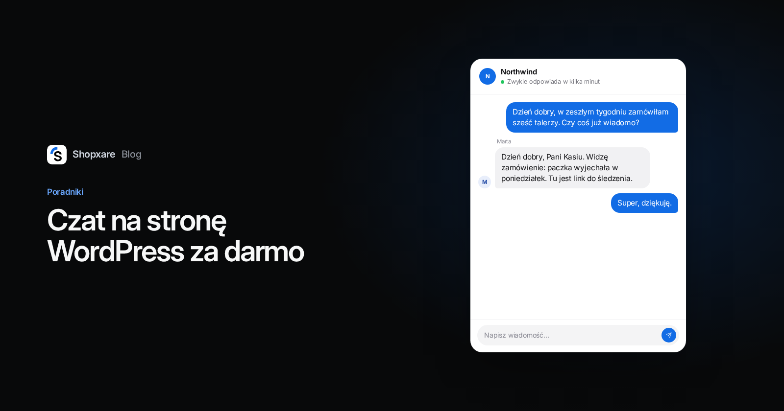Okładka: Czat na stronę WordPress za darmo, z oknem czatu, w którym klientka pyta o zamówienie, a konsultantka odpowiada