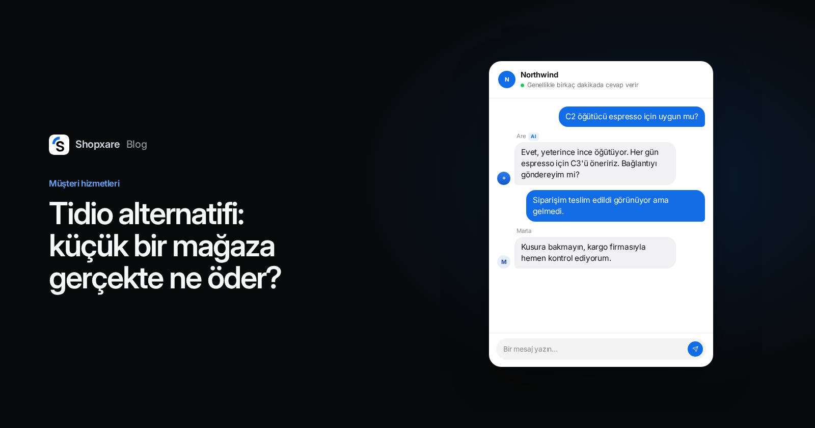 Shopxare kapağı: "Tidio alternatifi" başlığı ve yapay zekanın ürün sorusunu, temsilcinin kargo sorununu yanıtladığı site sohbeti