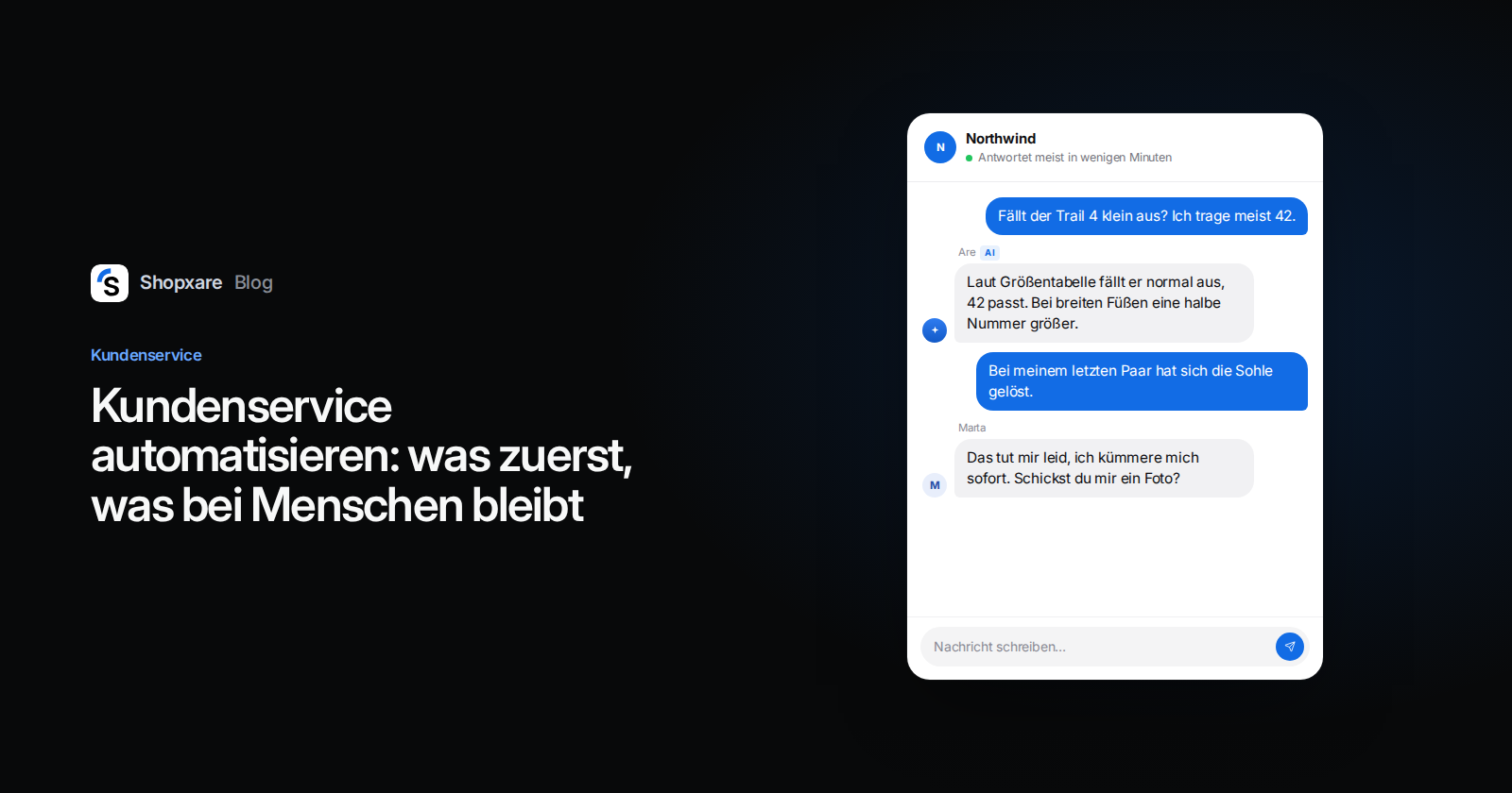 Cover: Titel zum Automatisieren des Kundenservice, daneben ein Messenger-Chat, in dem die KI eine Größenfrage beantwortet und ein Teammitglied eine Reklamation übernimmt