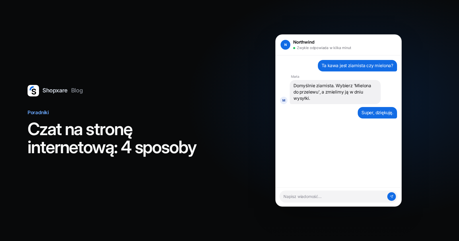 Okładka: "Czat na stronę internetową: 4 sposoby" obok okna czatu, w którym klient pyta, czy kawa jest ziarnista czy mielona, a sklep odpowiada.