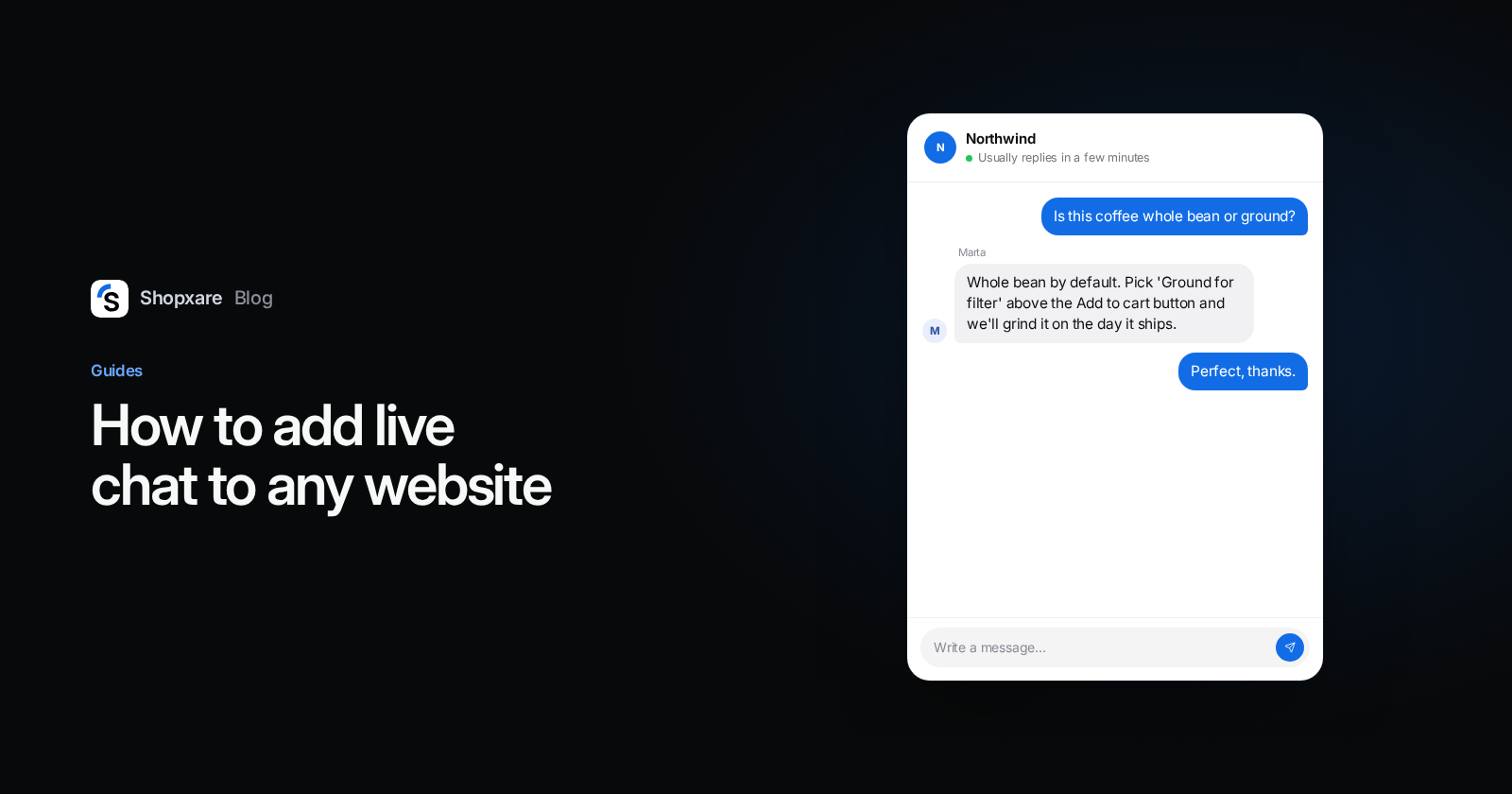 Cover: "How to add live chat to any website" next to a website chat window where a visitor asks if the coffee is whole bean or ground and the shop replies.