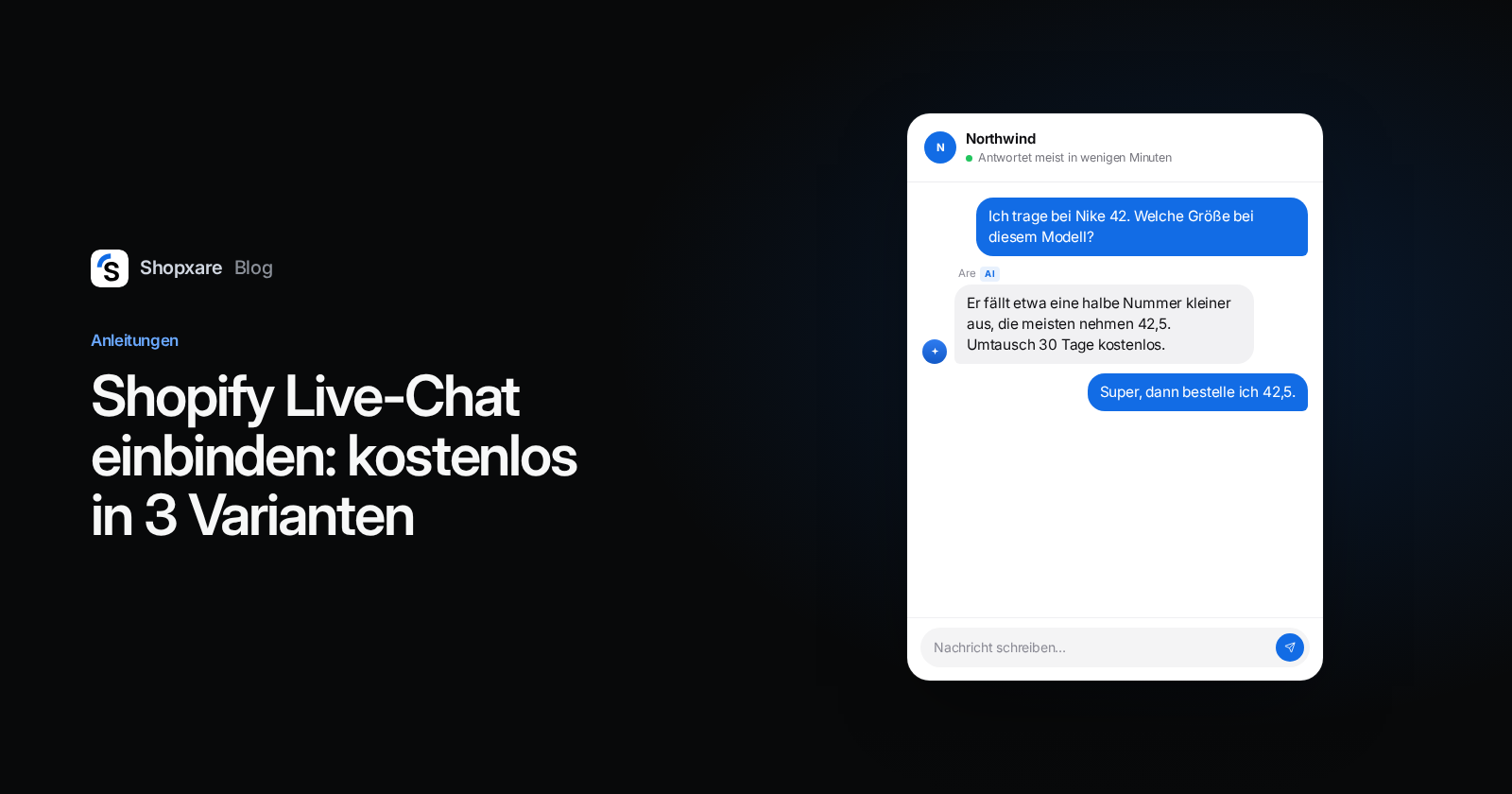 Cover: "Shopify Live-Chat einbinden: kostenlos in 3 Varianten" neben dem Shopxare Messenger, der eine Größenfrage beantwortet