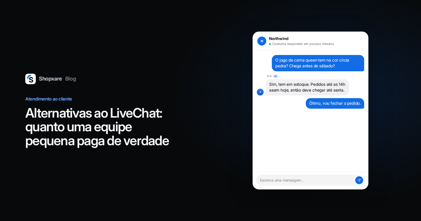 Capa: título "Alternativas ao LiveChat" ao lado do Messenger do Shopxare, em que um agente de IA responde uma dúvida de estoque e entrega.