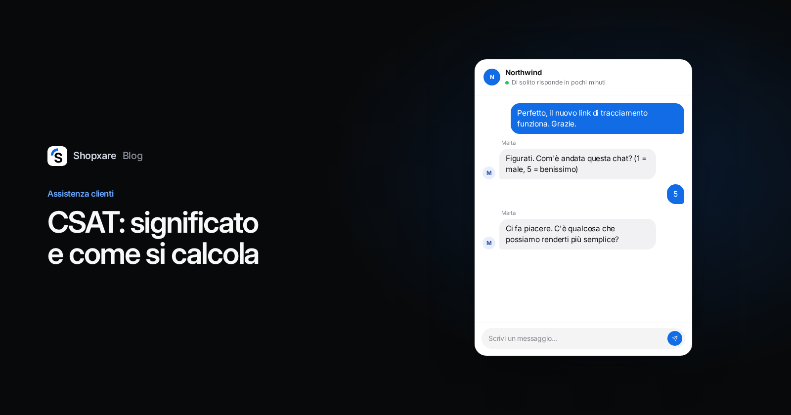 Copertina: il Messenger di Shopxare chiede al cliente un voto da 1 a 5 dopo aver risolto la richiesta, accanto al titolo sul CSAT.