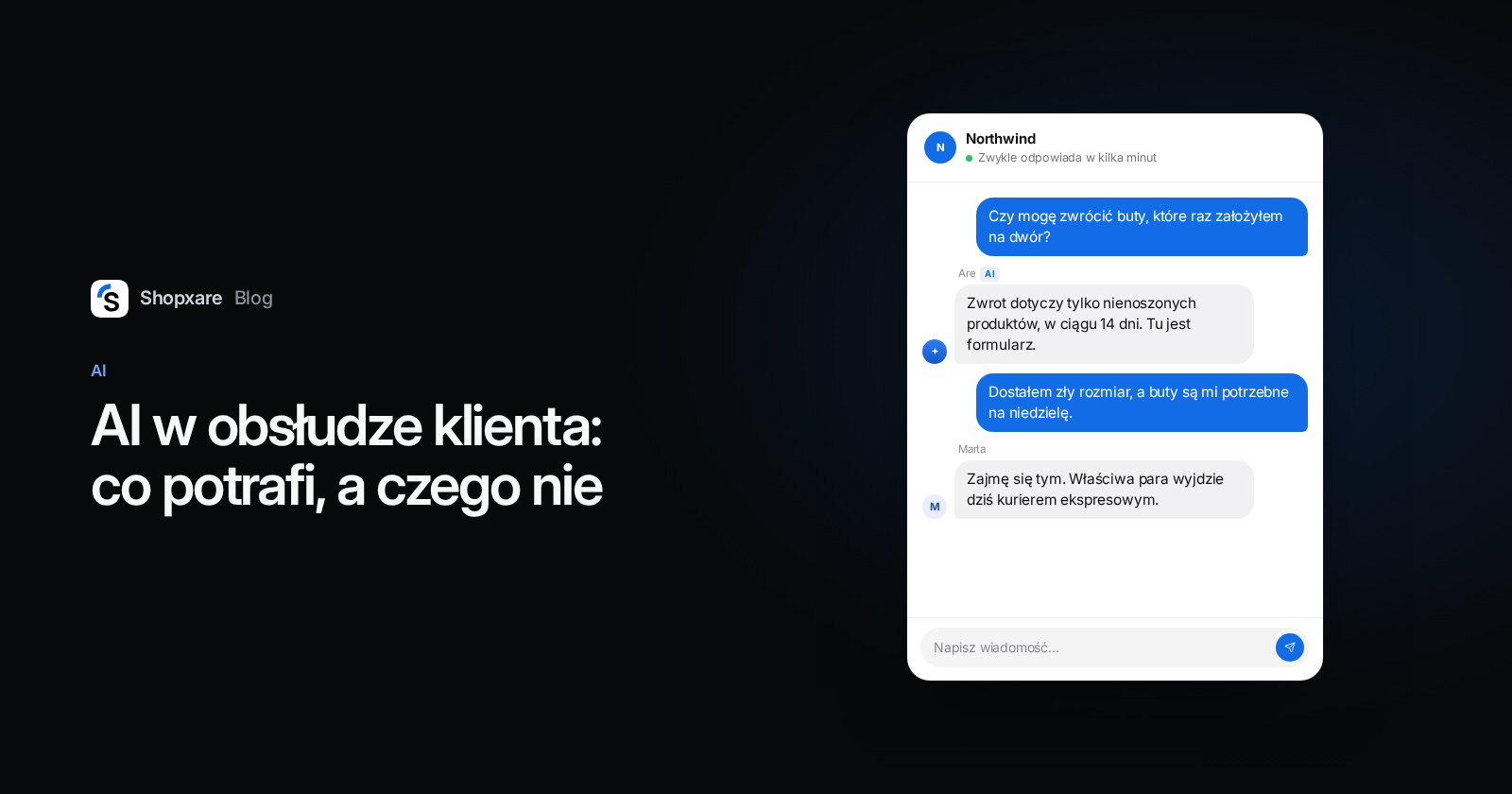 Okładka: AI w obsłudze klienta, czat, w którym AI odpowiada na pytanie o zwrot, a konsultantka przejmuje sprawę złego rozmiaru