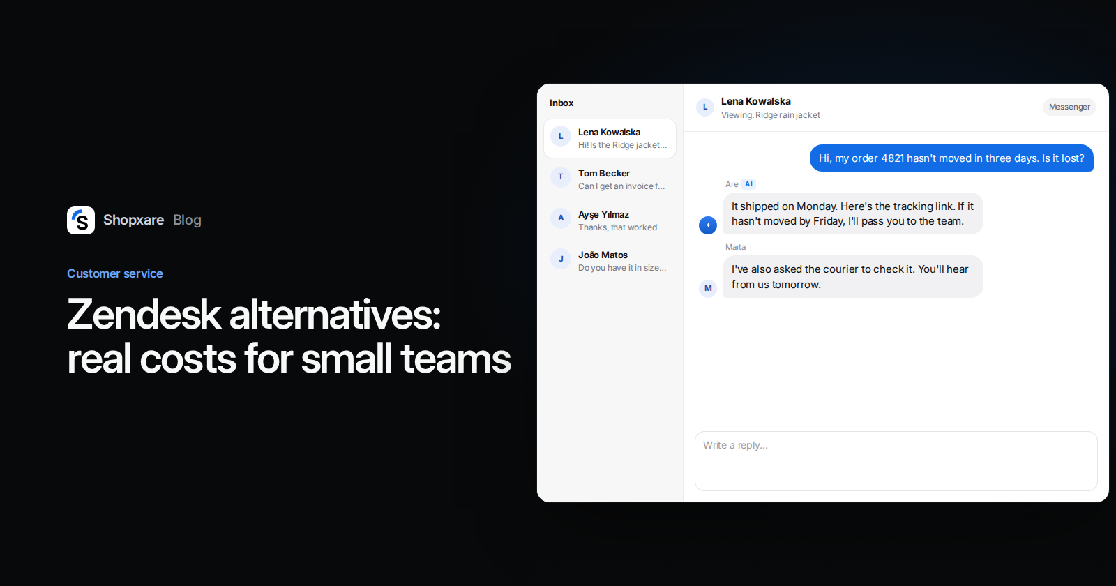Cover with the title "Zendesk alternatives: real costs for small teams" next to a Shopxare inbox showing an order question answered by AI and a teammate