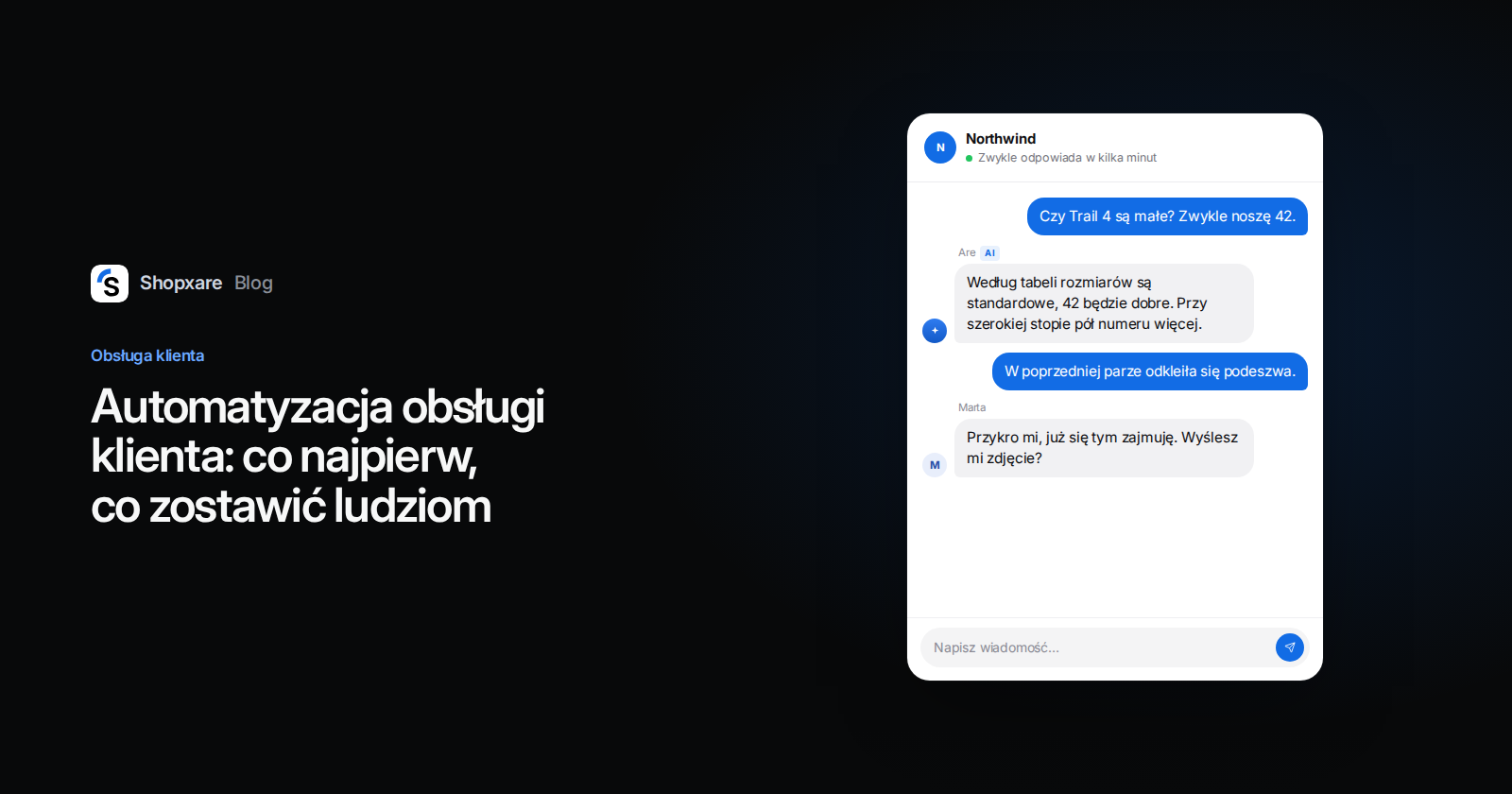 Okładka: tytuł o automatyzacji obsługi klienta i czat w Messengerze, w którym AI odpowiada o rozmiar, a osoba z zespołu przejmuje reklamację