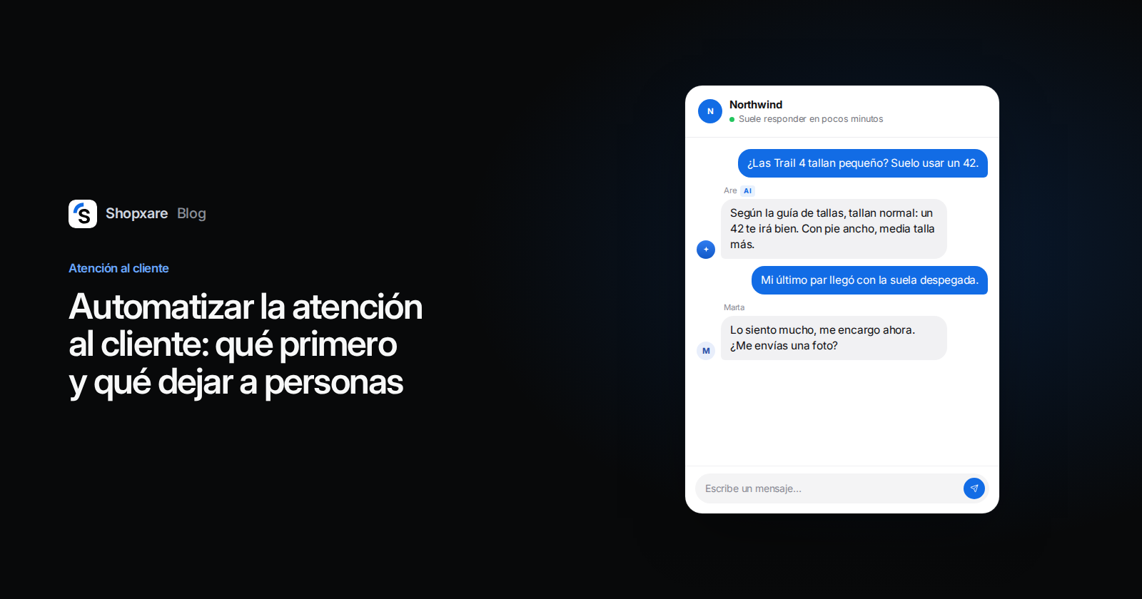 Portada: título sobre automatizar la atención al cliente y un chat del Messenger donde la IA responde una duda de talla y una persona del equipo atiende una queja