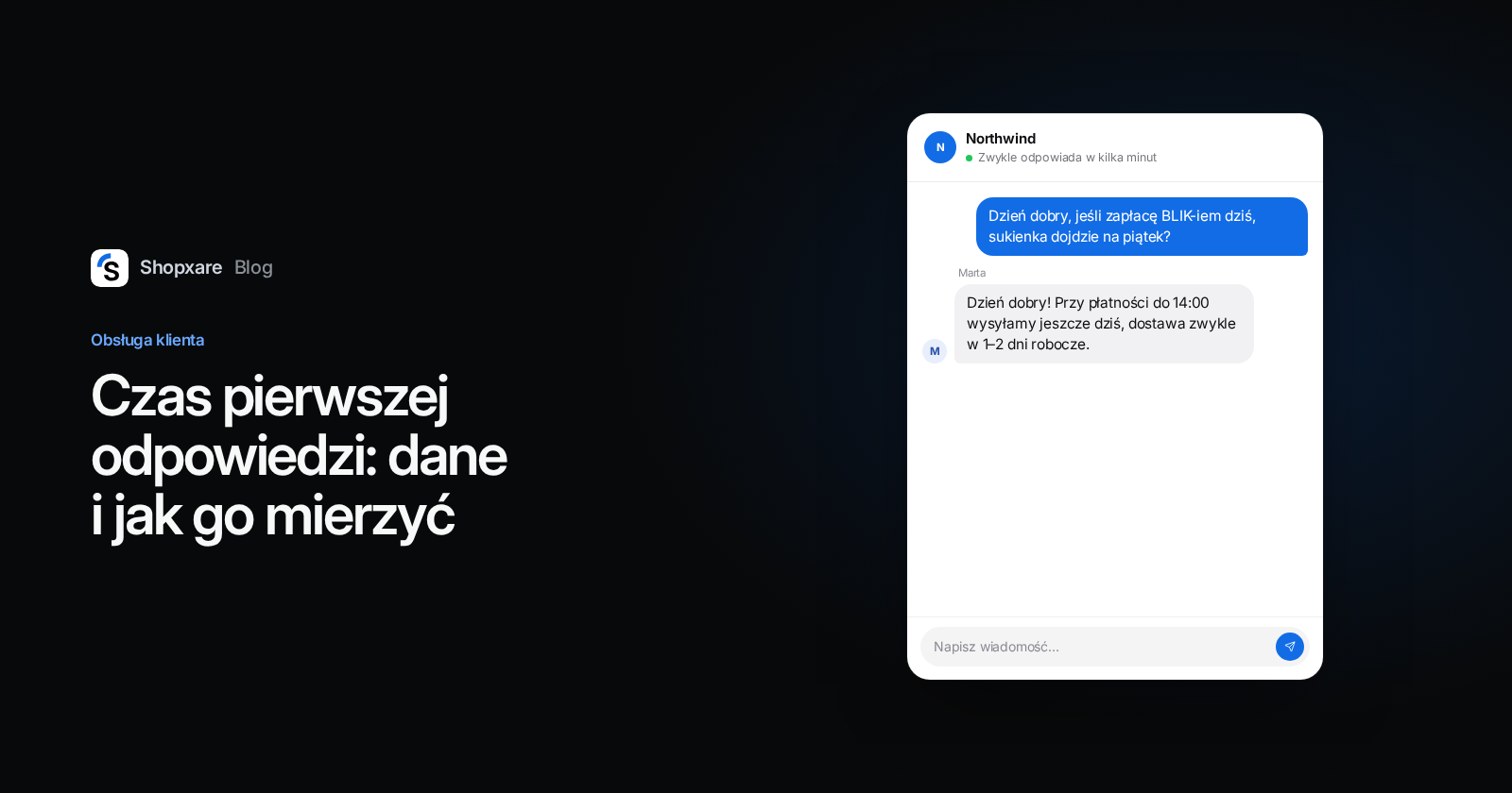 Okładka: tytuł „Czas pierwszej odpowiedzi” po lewej, po prawej rozmowa w Messengerze z pytaniem o termin dostawy i odpowiedzią sklepu