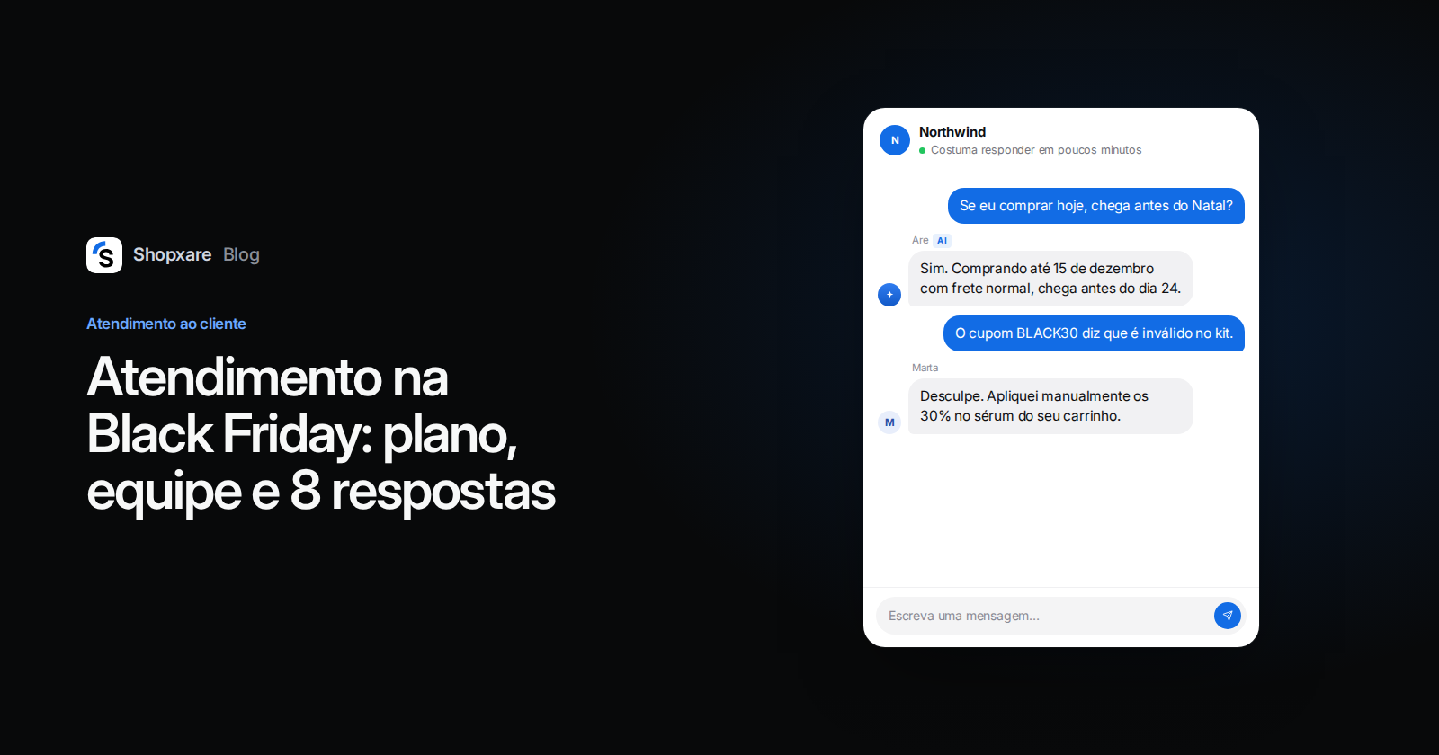 Capa do Shopxare: plano de atendimento para a Black Friday com um chat sobre entrega no Natal e um cupom de desconto