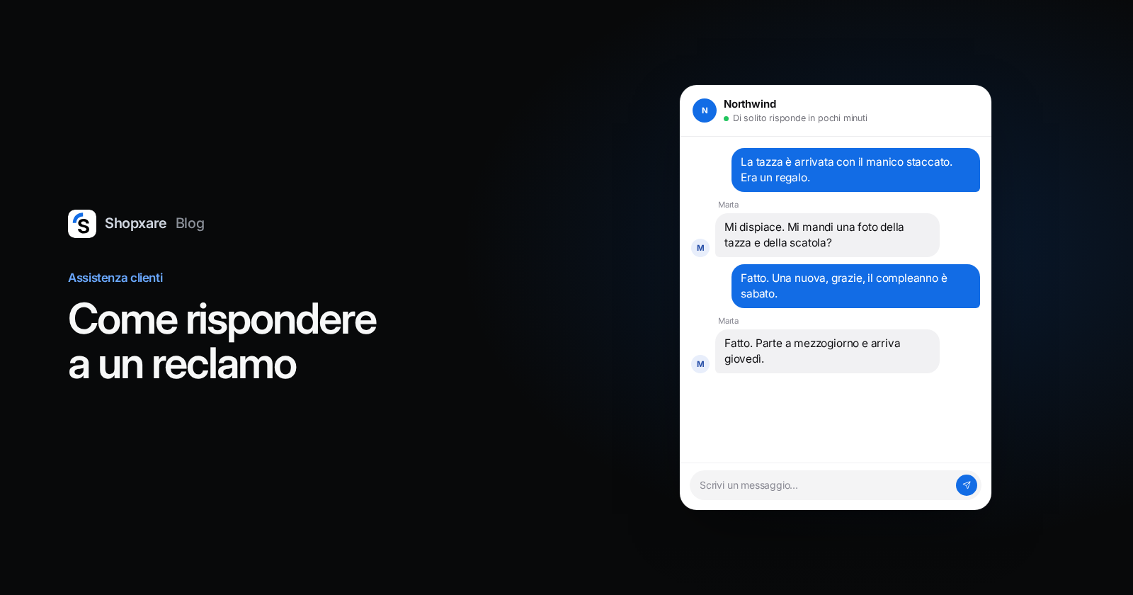 Copertina: "Come rispondere a un reclamo" accanto a una chat in cui un negozio sostituisce una tazza rotta con una data di consegna