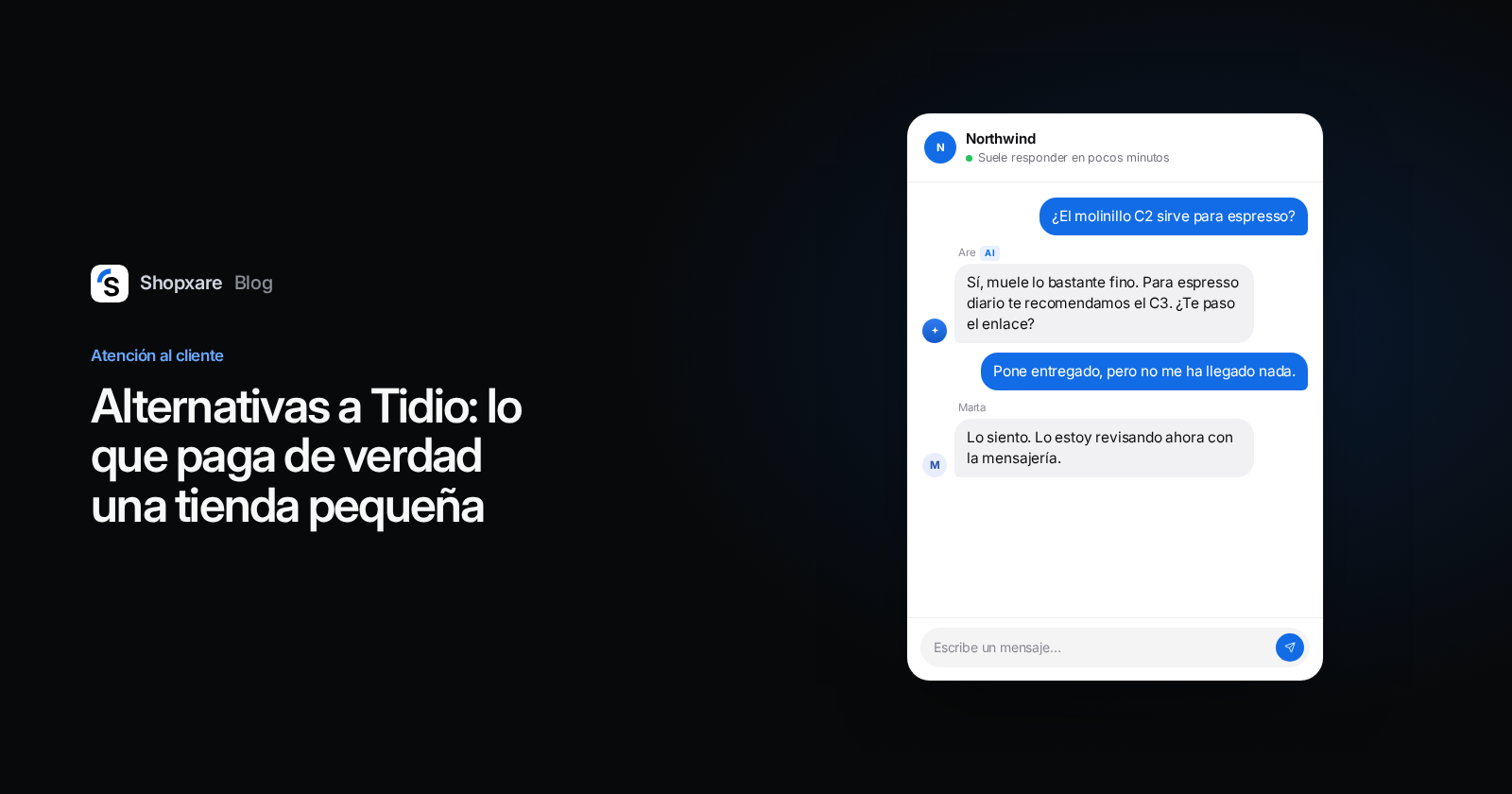Portada de Shopxare: título «Alternativas a Tidio» junto a un chat web donde la IA responde sobre un producto y un agente atiende una entrega