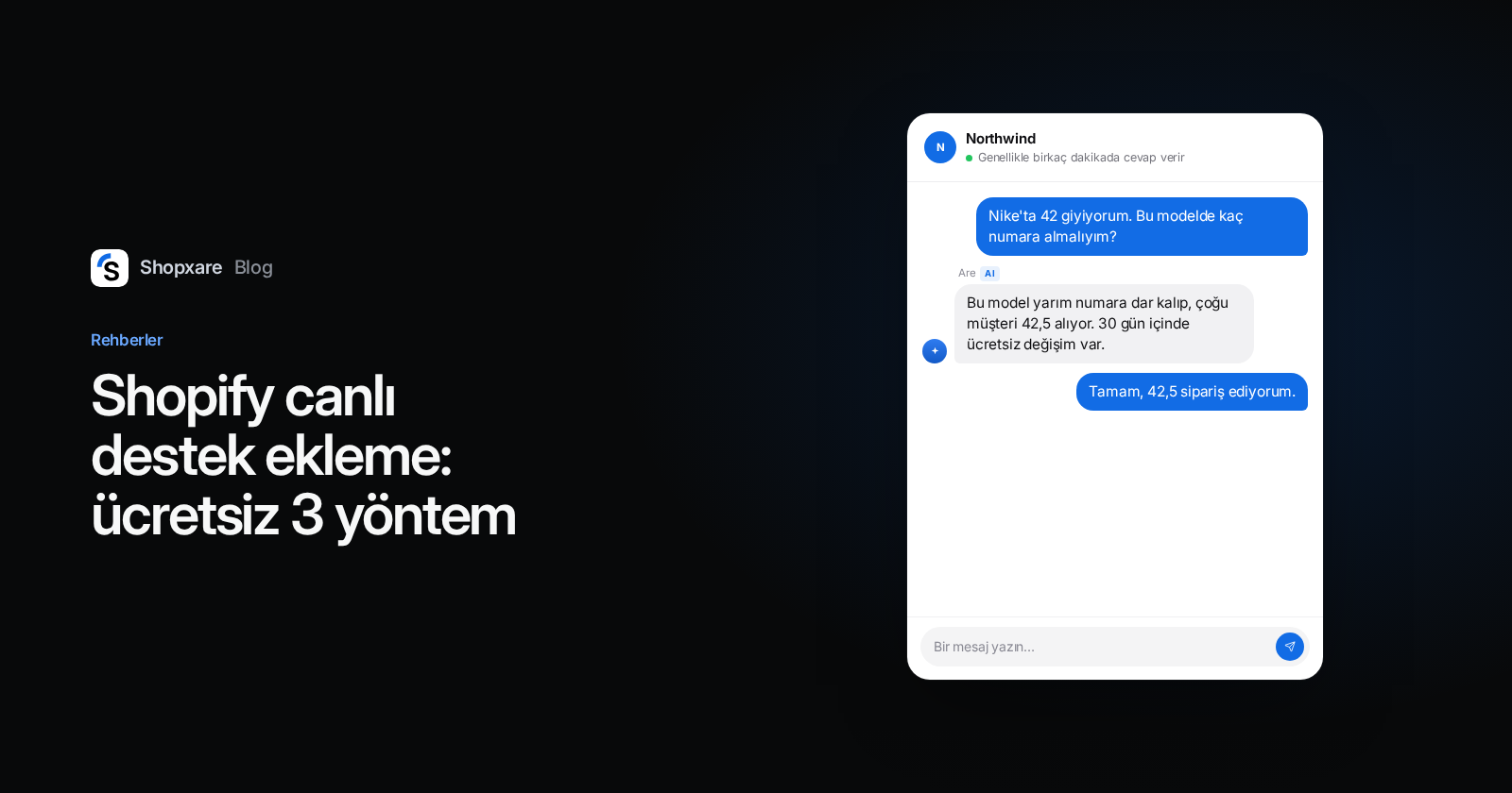Kapak: "Shopify canlı destek ekleme: ücretsiz 3 yöntem" başlığı ve beden sorusunu cevaplayan Shopxare Messenger