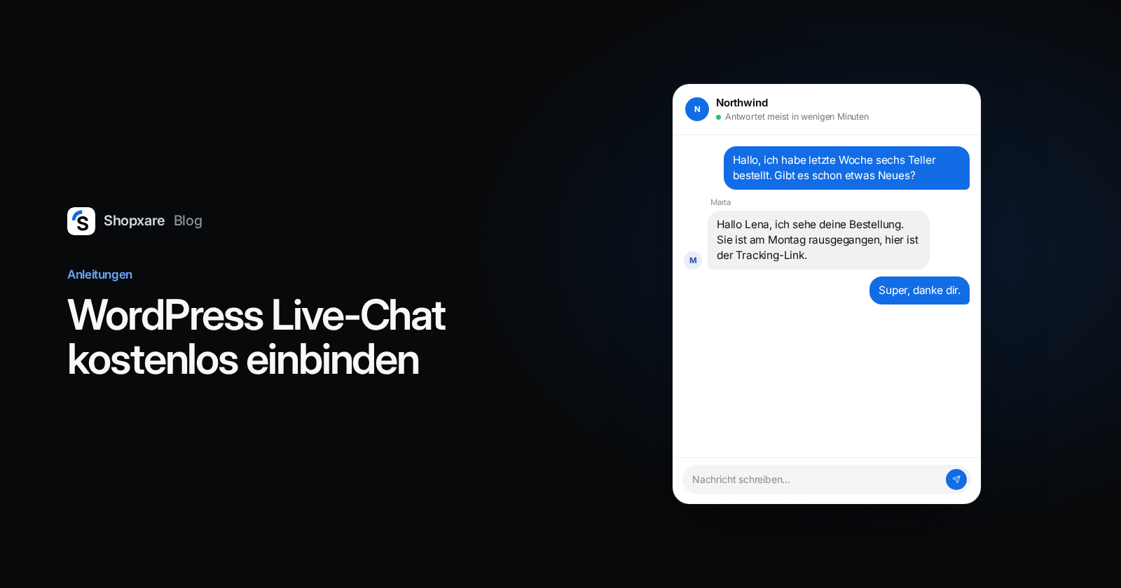 Titelbild: WordPress Live-Chat kostenlos einbinden, mit einem Chatfenster, in dem eine Kundin nach ihrer Bestellung fragt und eine Mitarbeiterin antwortet