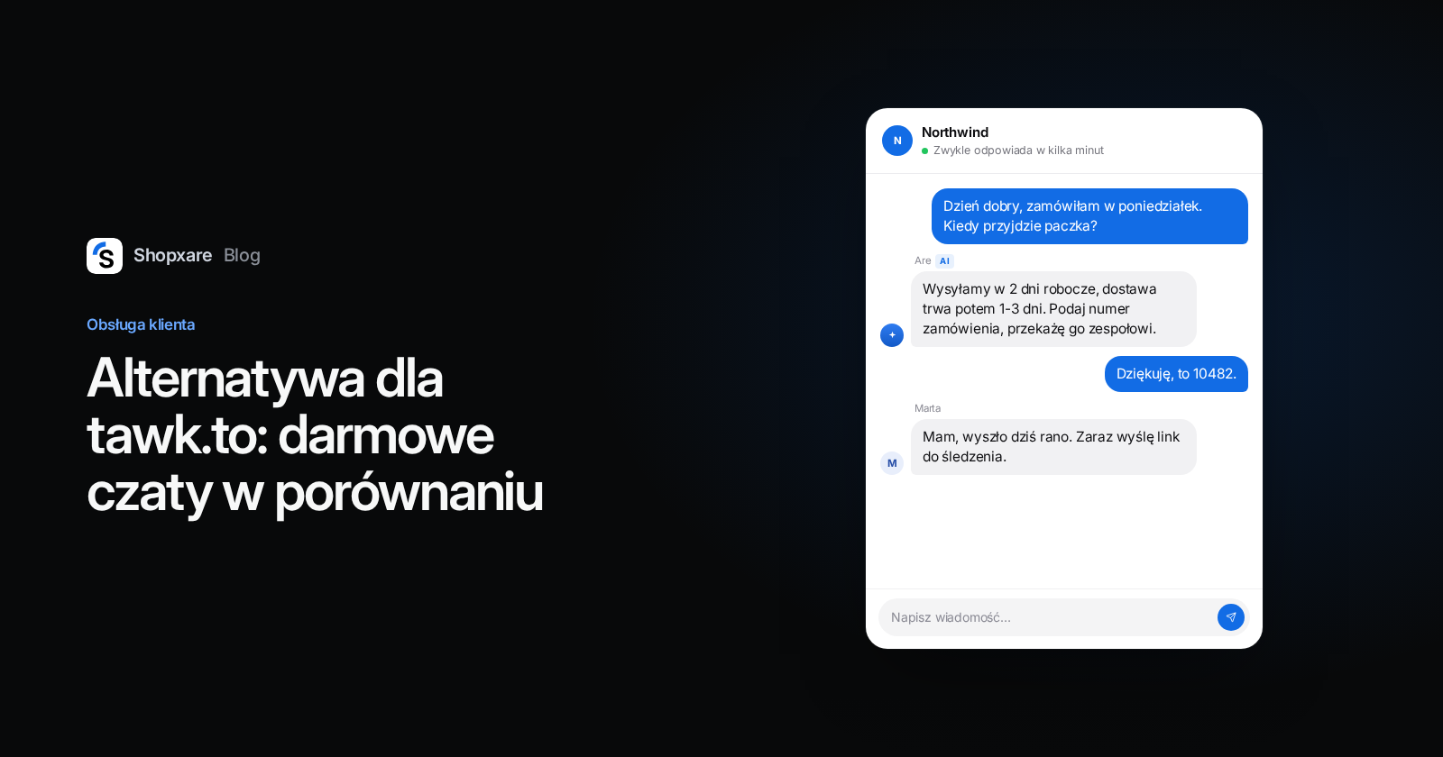 Okładka Shopxare: tytuł "Alternatywa dla tawk.to" obok Messengera, w którym Are AI odpowiada na pytanie o wysyłkę, a konsultantka przejmuje rozmowę