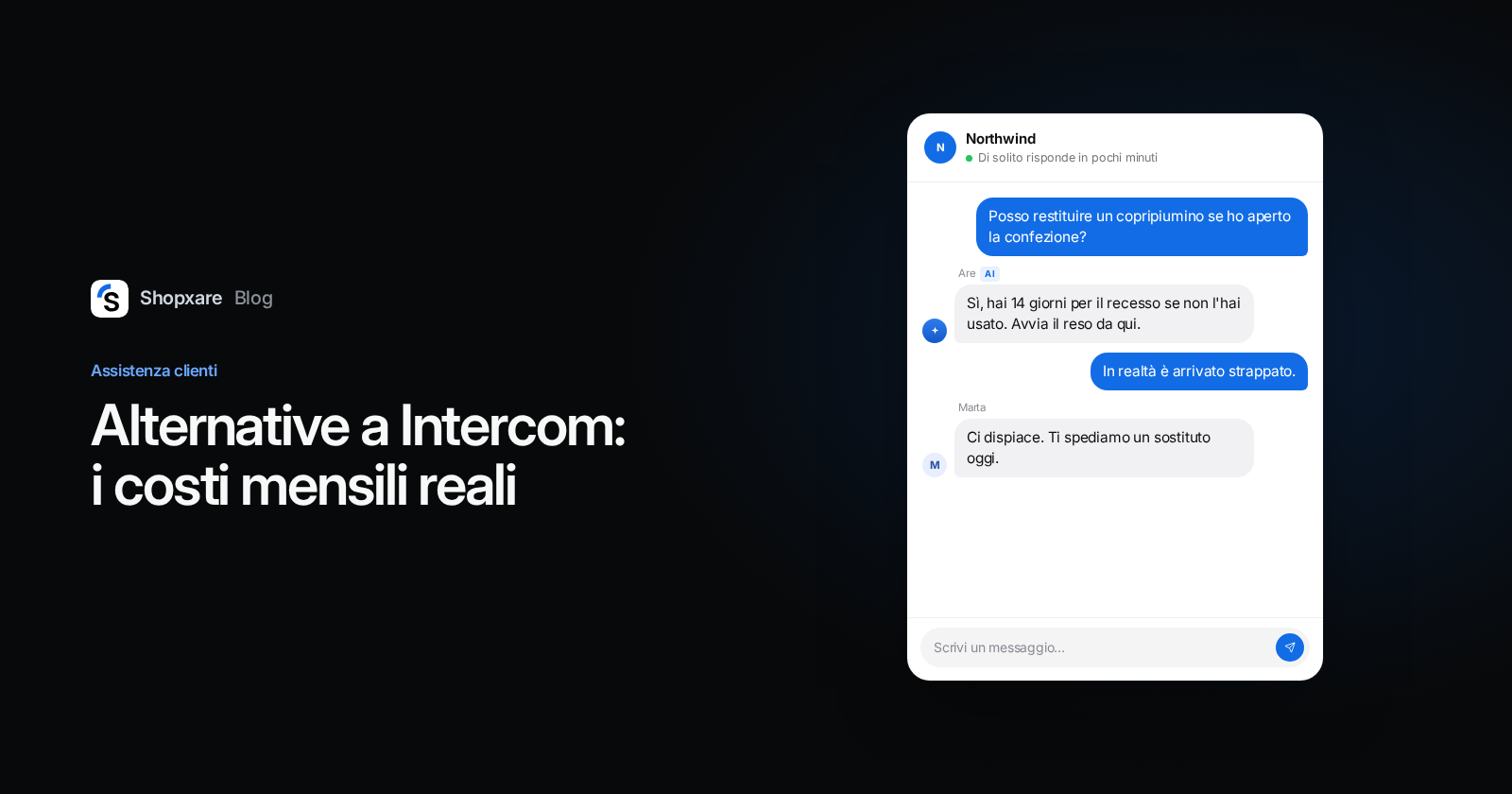 Copertina con il titolo "Alternative a Intercom: i costi mensili reali" accanto a una chat del sito in cui l'AI risponde a una domanda sui resi e un operatore subentra.