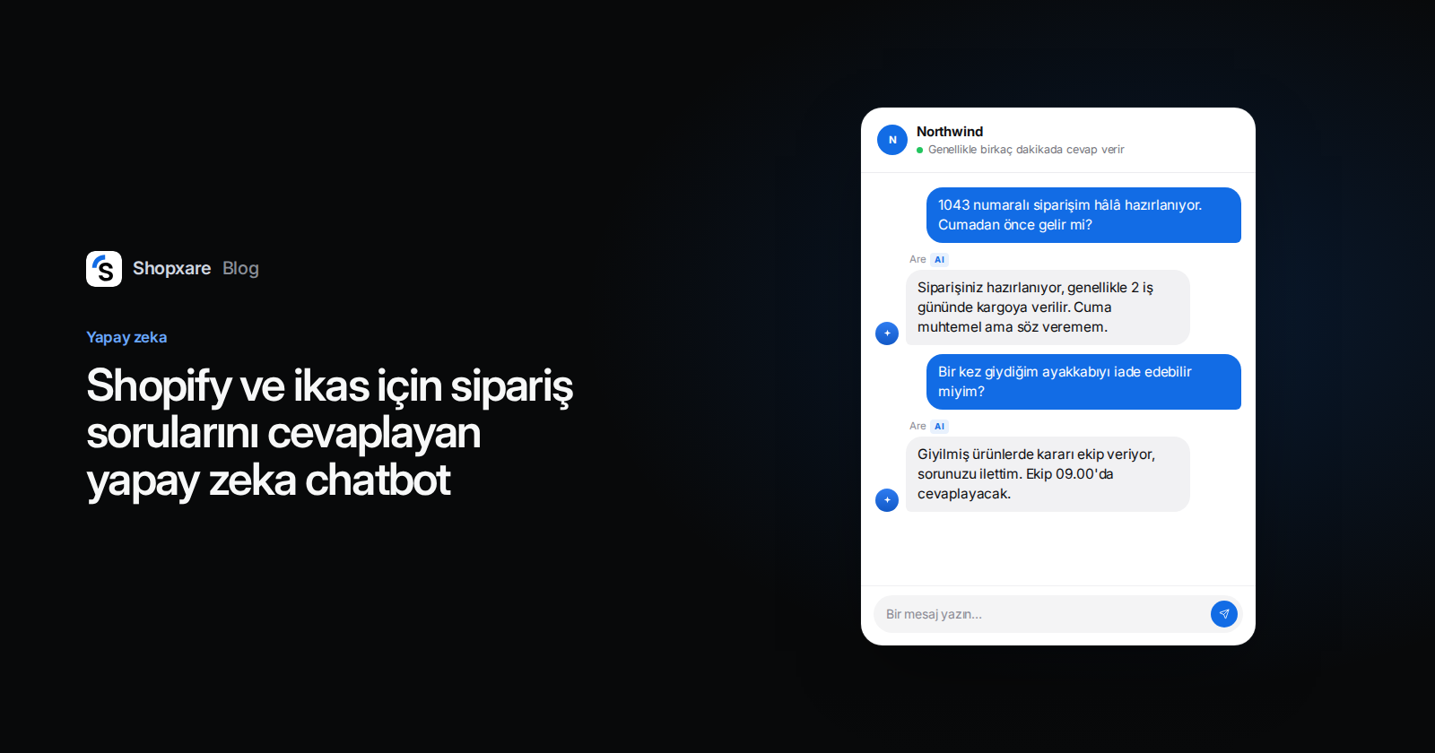 Kapak: "Shopify ve ikas için sipariş sorularını cevaplayan yapay zeka chatbot" başlığı ve sipariş durumu ile iade sorusunu cevaplayan bir web sitesi sohbeti