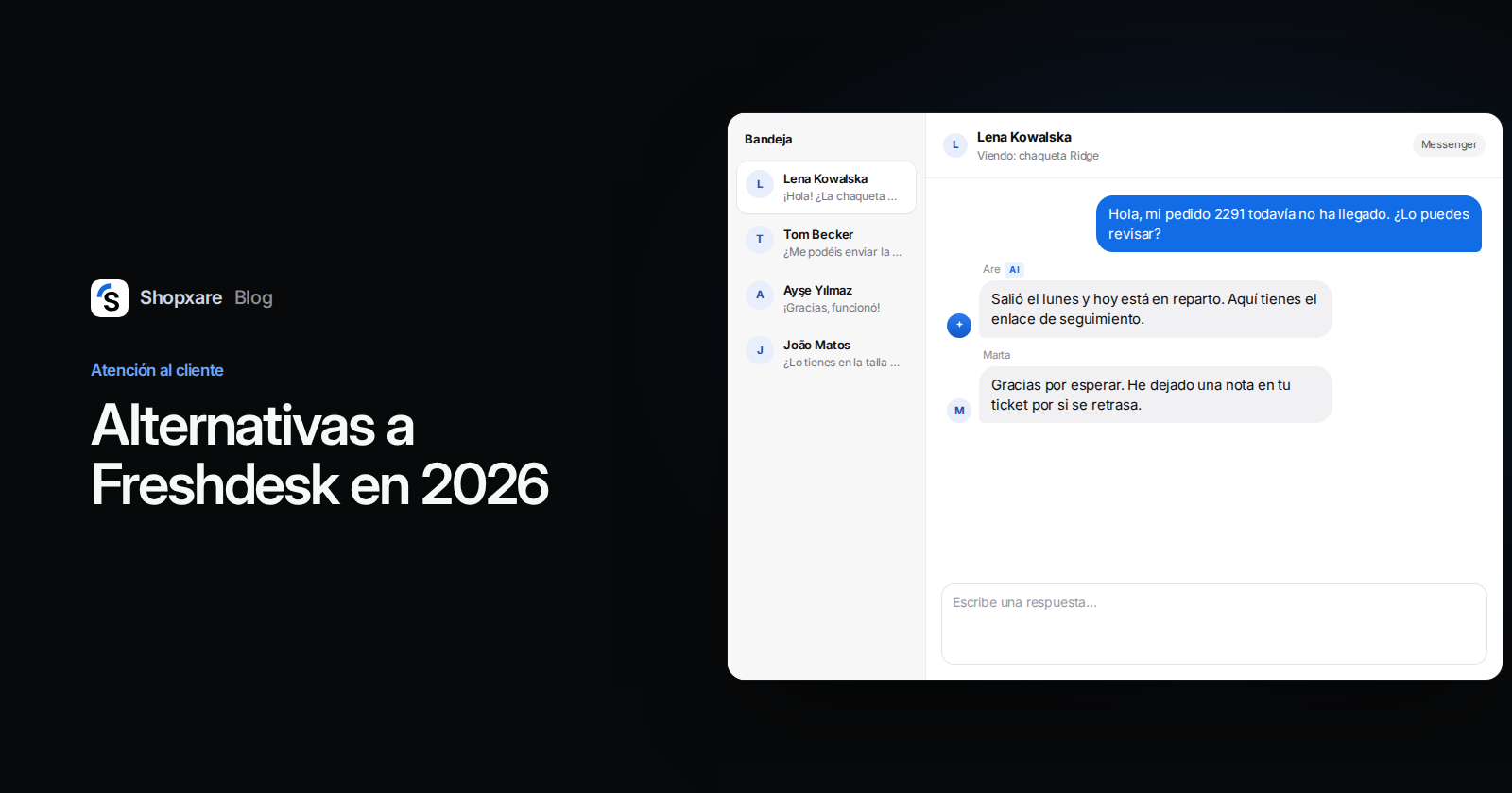 Portada: «Alternativas a Freshdesk en 2026» junto a una bandeja de equipo donde la IA y un agente responden una consulta de pedido