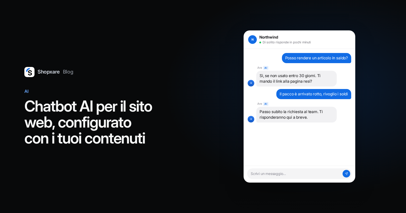 Copertina: il titolo "Chatbot AI per il sito web" accanto a una chat in cui l'AI risponde a una domanda sui resi e passa al team un rimborso per un pacco rotto