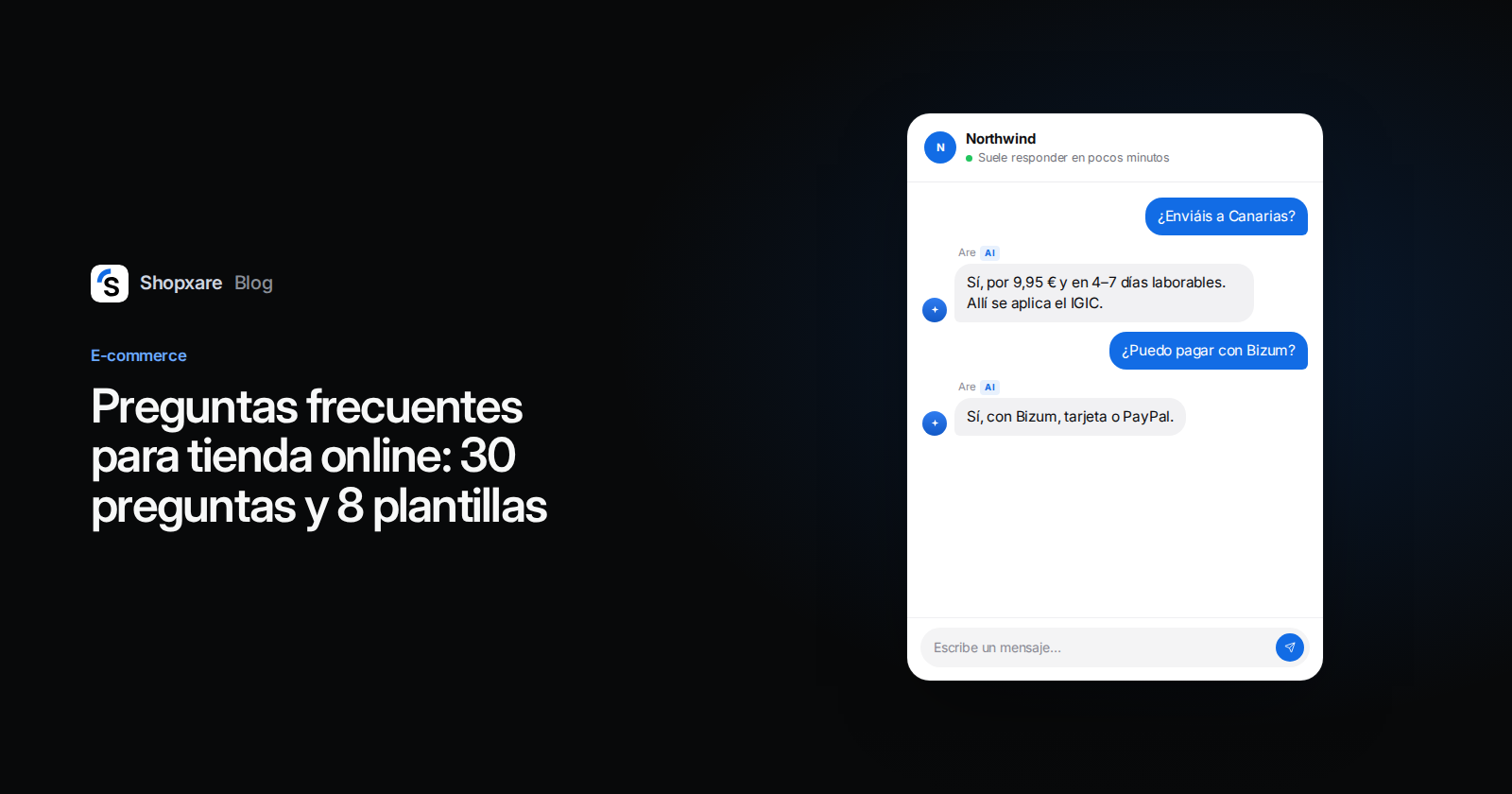 Portada de Shopxare: título "Preguntas frecuentes para tienda online" junto a un chat web en el que Are AI responde sobre envíos y pagos