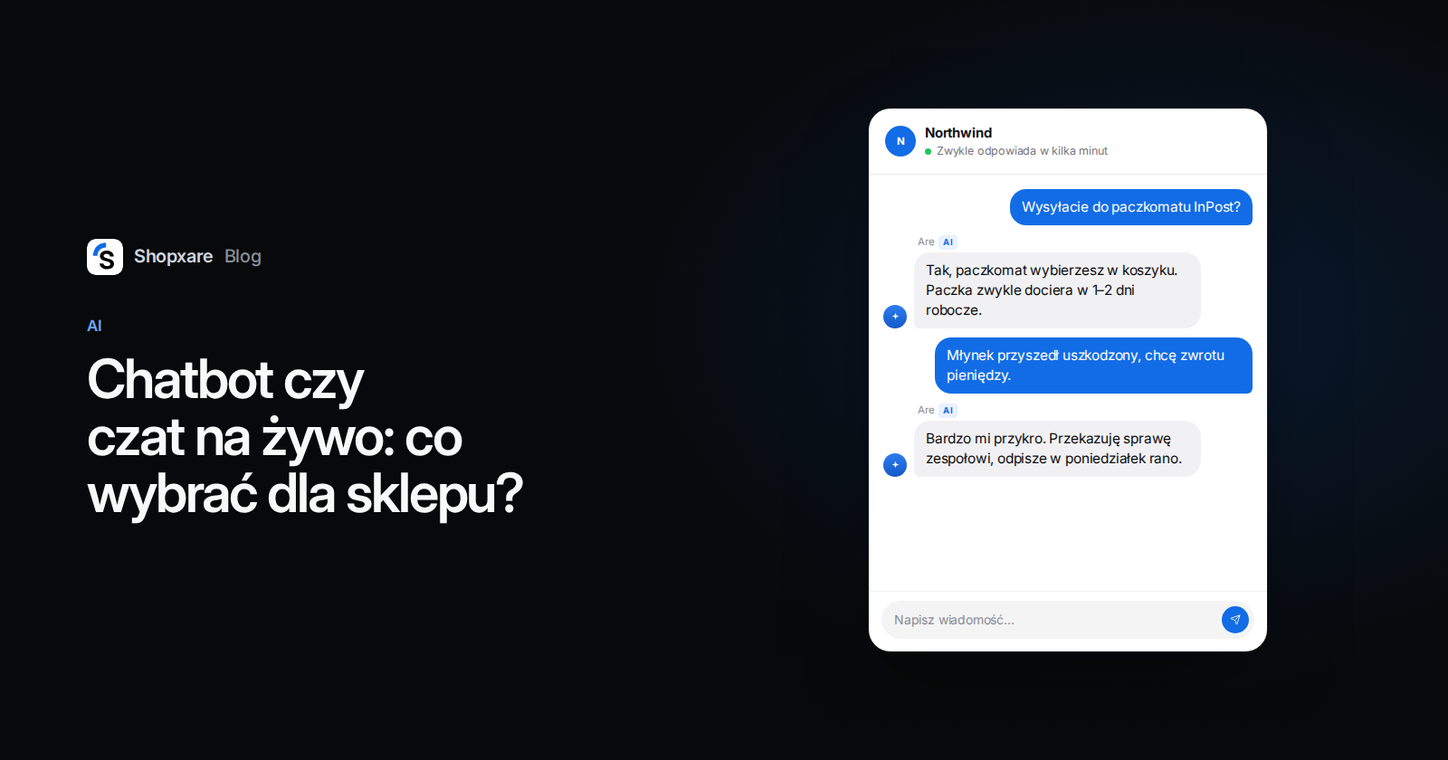 Po prawej Messenger Shopxare: agent AI odpowiada na pytanie o paczkomat i przekazuje prośbę o zwrot pieniędzy zespołowi. Po lewej tytuł: Chatbot czy czat na żywo.