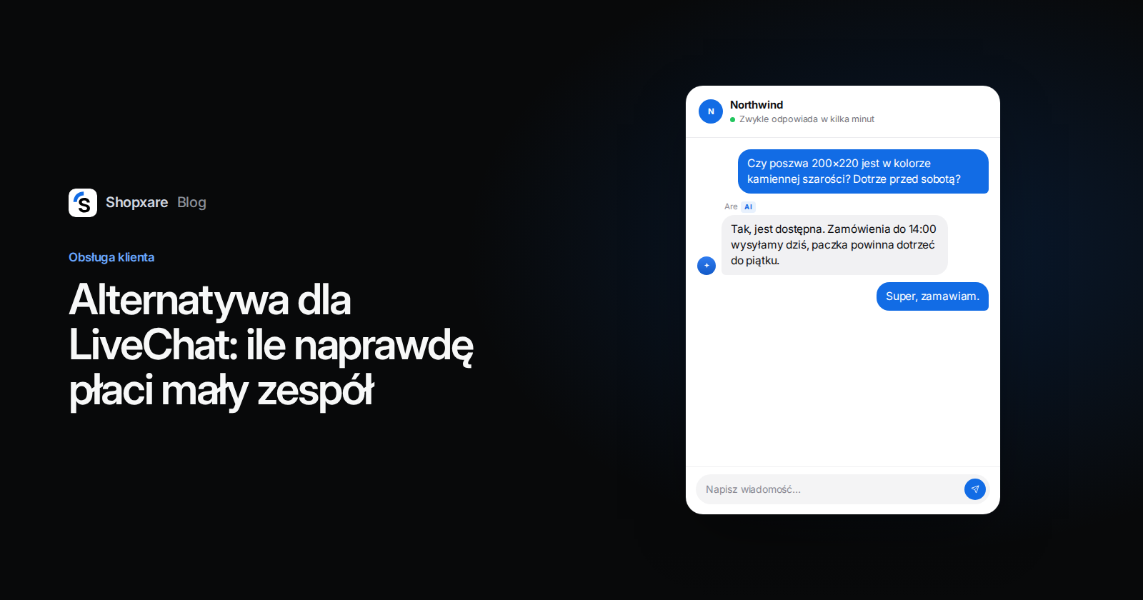 Okładka: tytuł „Alternatywa dla LiveChat” obok Messengera Shopxare, w którym agent AI odpowiada na pytanie o dostępność i dostawę.