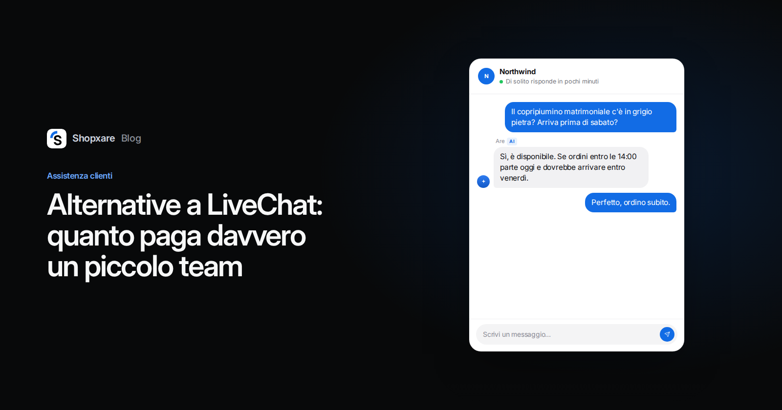 Copertina: titolo "Alternative a LiveChat" accanto al Messenger di Shopxare, dove un agente IA risponde a una domanda su disponibilità e consegna.